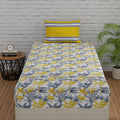 Huesland By Ahmedabad Cotton 144 Tc Cotton Bed Sheet For Single Bed With 1 Pillow Cover | Flamingos & Stripes Yellow & Grey