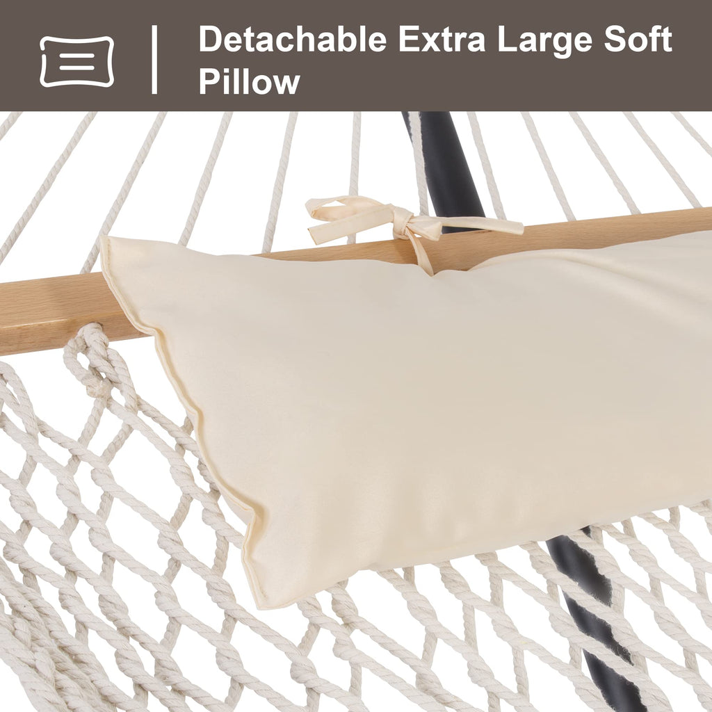 Suncreat Hammocks Double Outdoor Hammock With Stand, Cotton Rope Two Person Hammock With Polyester Pad & Large Pillow, Blue& Gray