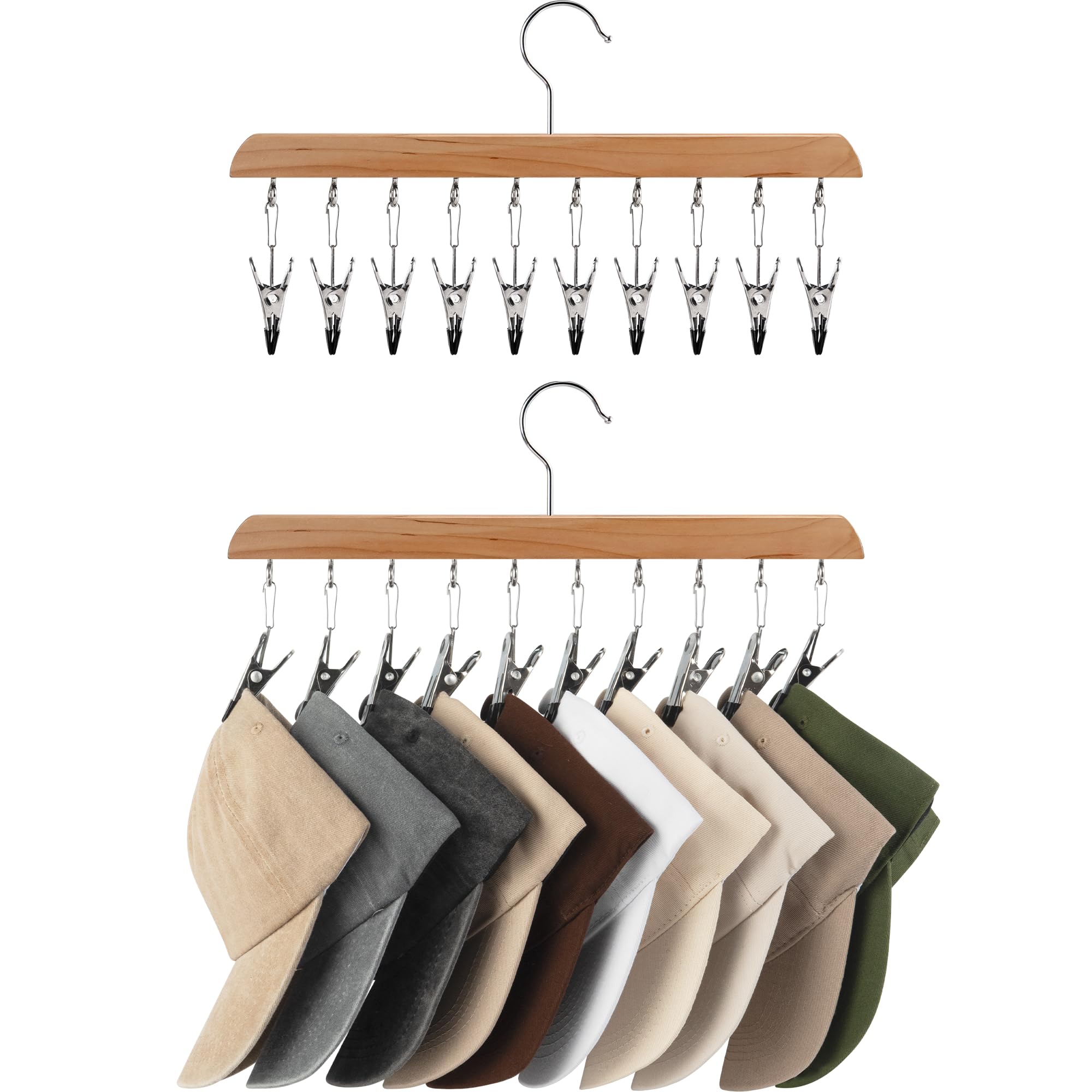 StorageWorks Hat Organizer, Wooden Hat Hangers for Closet, Hat Racks for Baseball Caps, Set of 2 Cap Organizer with 10 Adjustabl
