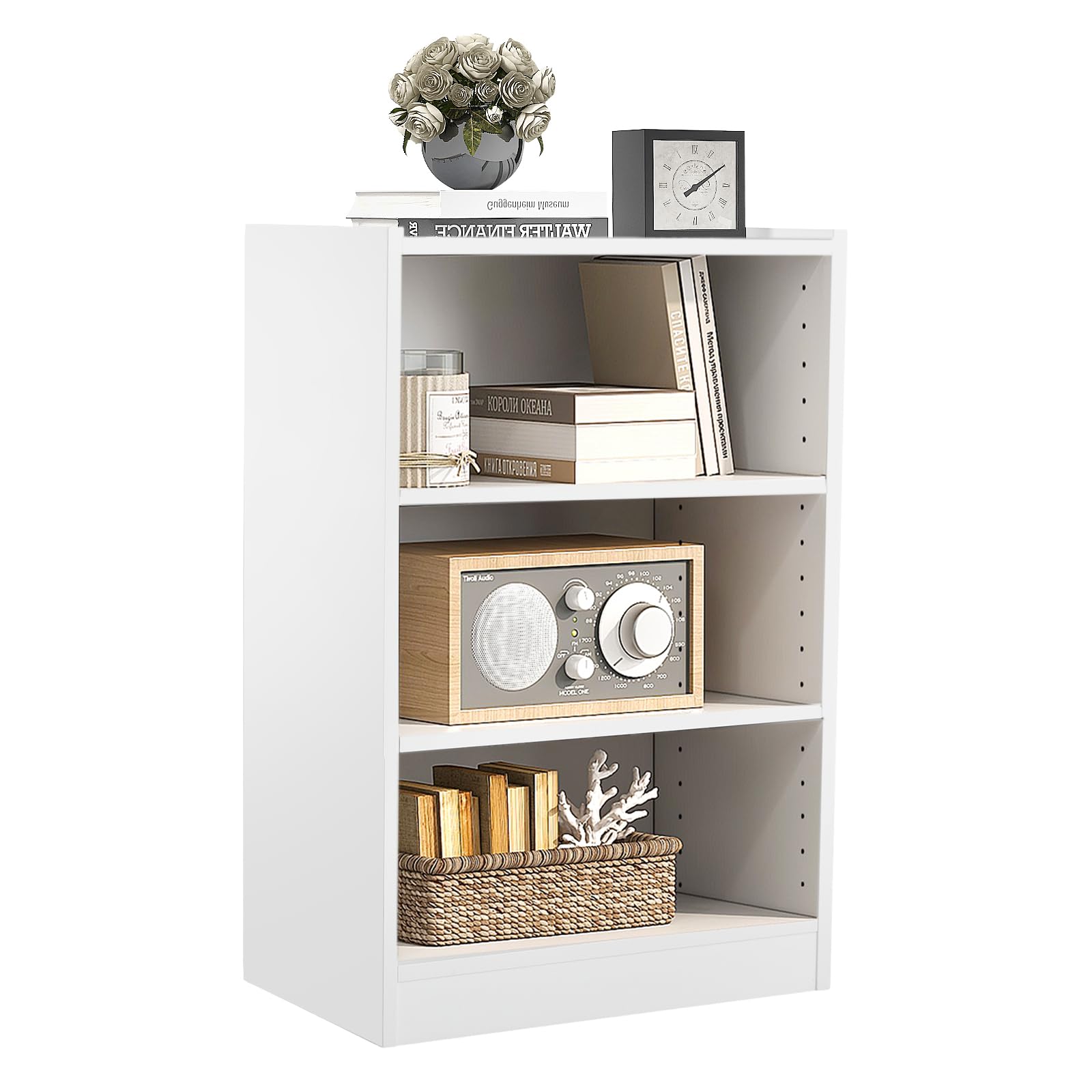 Silkydry 3-Tier Small Bookshelf, Freestanding Cube Storage Organizer, Wooden Open Display Book Shelves With 18-Position Adjustable Panels, Low Bookcase For Kid'S Room, Bedroom, Closet (White)