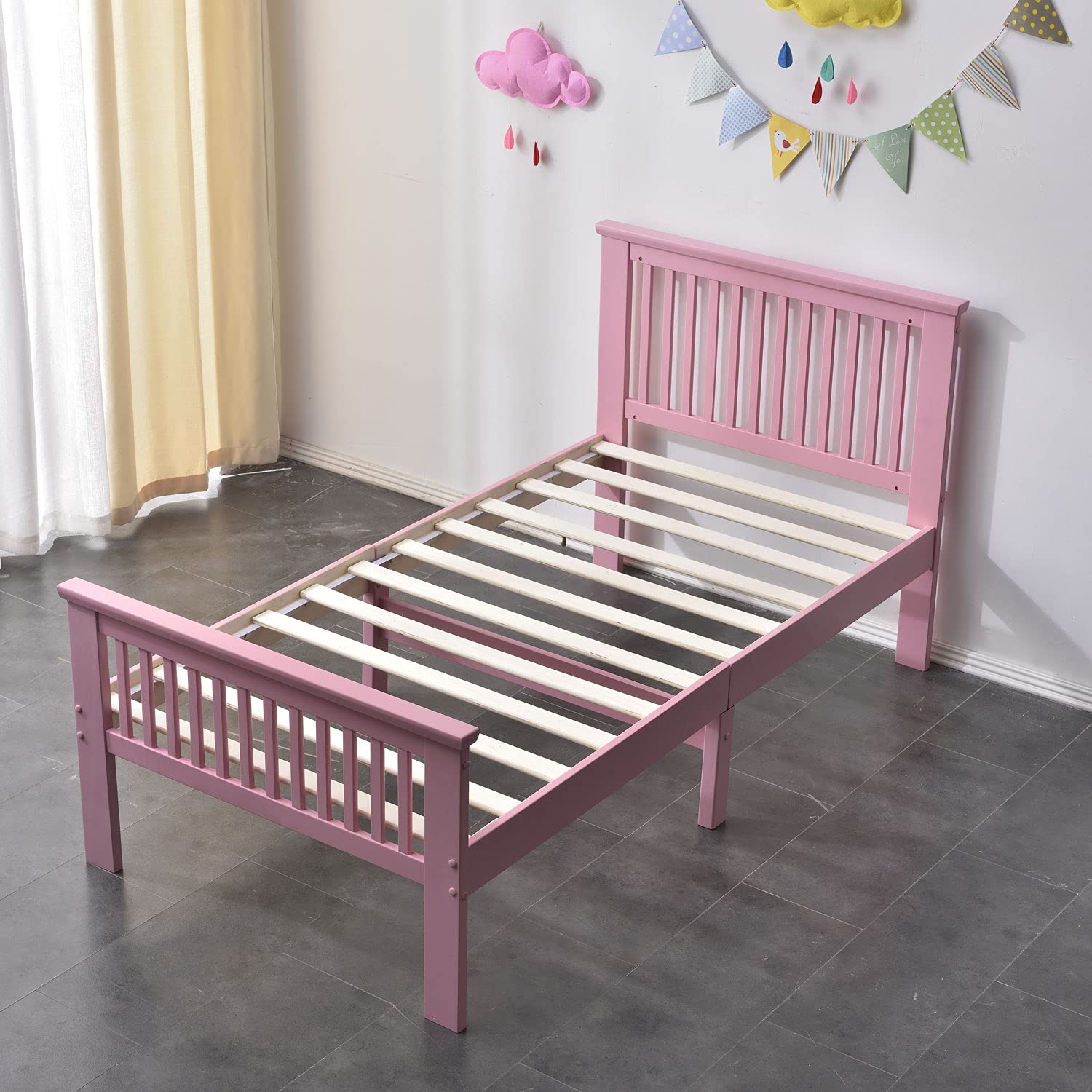Twin Solid Wood Platform Bed with Headboard/Pine Twin Bed (Pink)