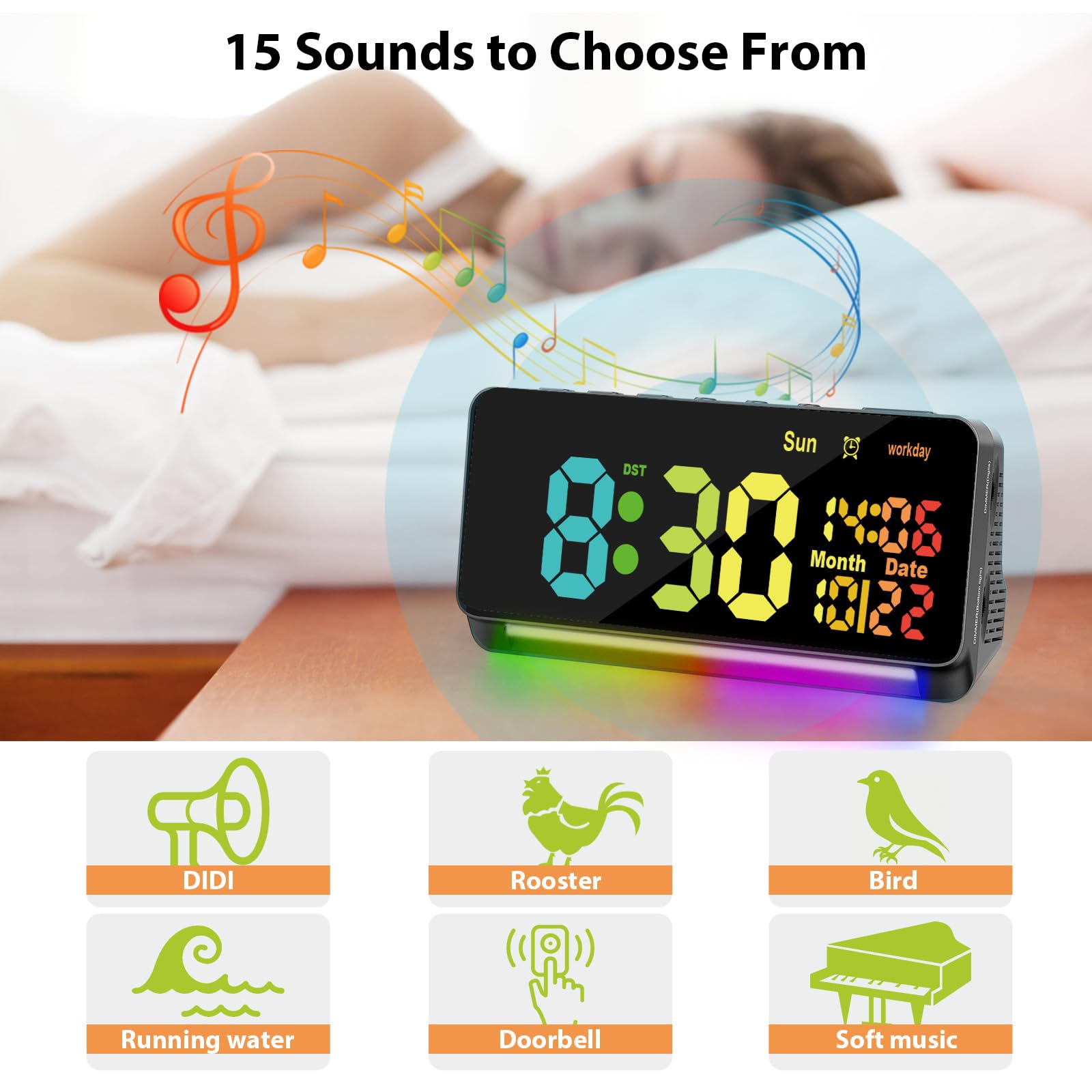 Samshow 120Db Super Loud Alarm Clock Heavy Sleepers Adults, Loud Alarm Clock Bluetooth Sync Time,15 Wake Up Sounds, 7 Color Nigh