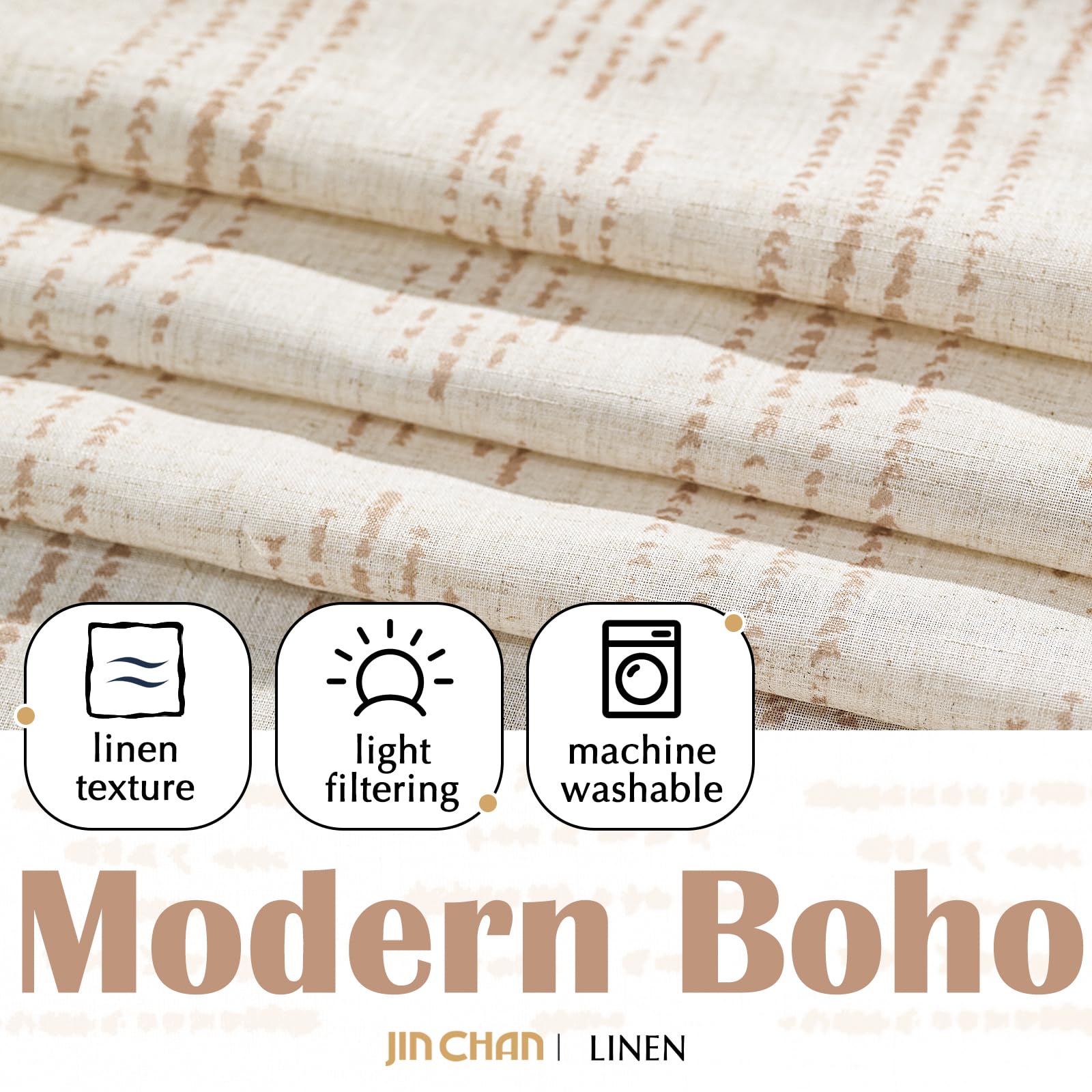 Jinchan Boho Kitchen Curtains Linen Tier Curtains 45 Inch Long Bohemian Cafe Curtains Geometric Striped Small Window Curtains Farmhouse Country For Bathroom Rv Light Filtering 2 Panels Taupe On Beige