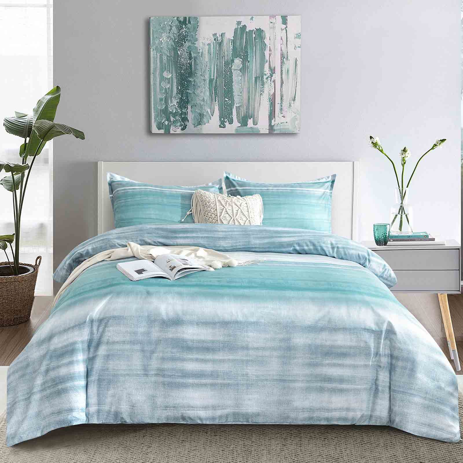 Blue Grey Striped Queen Size Duvet Cover - Teal And Gray Stripe Printed Pattern Reversible Microfiber Comforter Cover Bedding Se