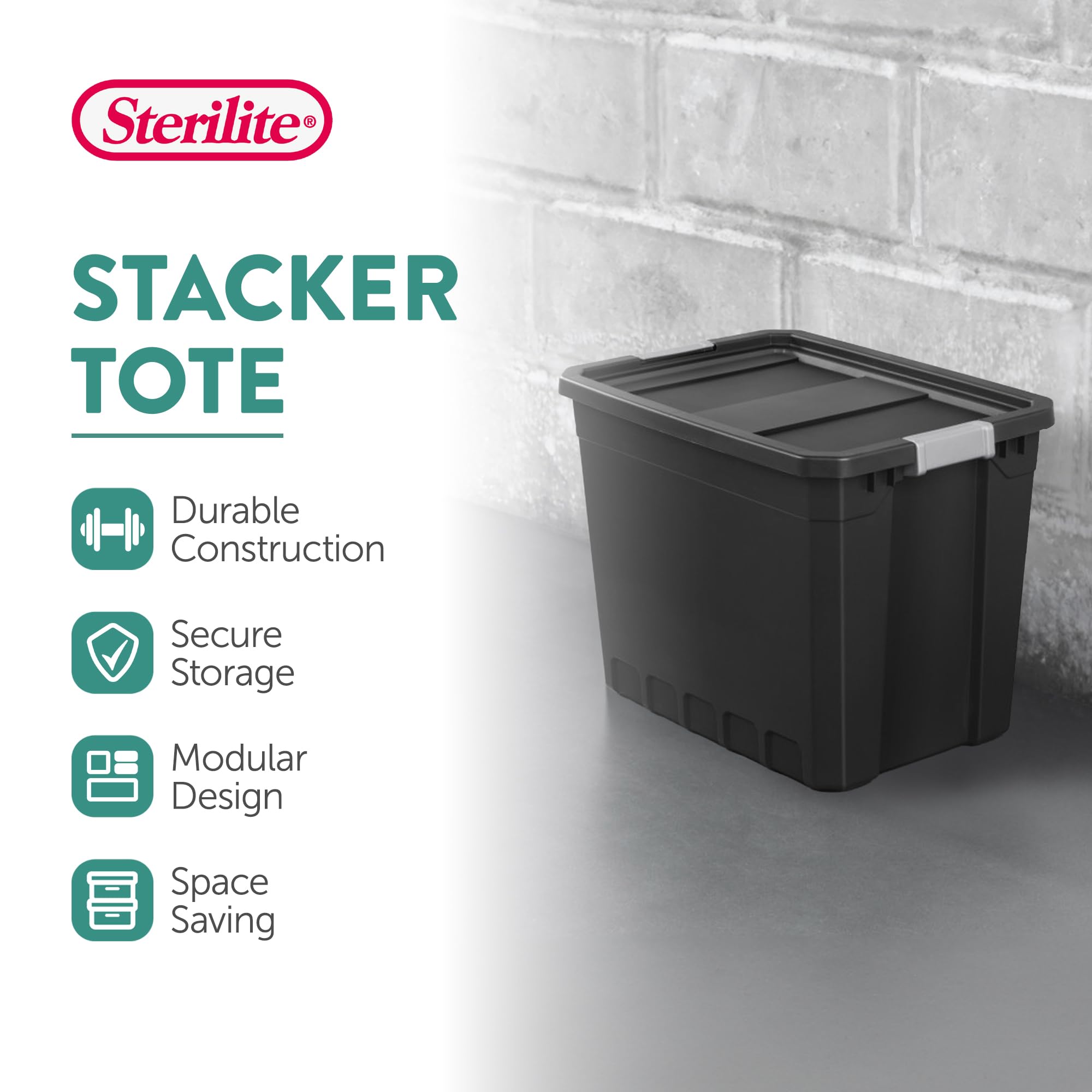 Sterilite 27 Gallon Plastic Stacker Tote, Heavy Duty Lidded Storage Bin Container For Stackable Garage And Basement Organization