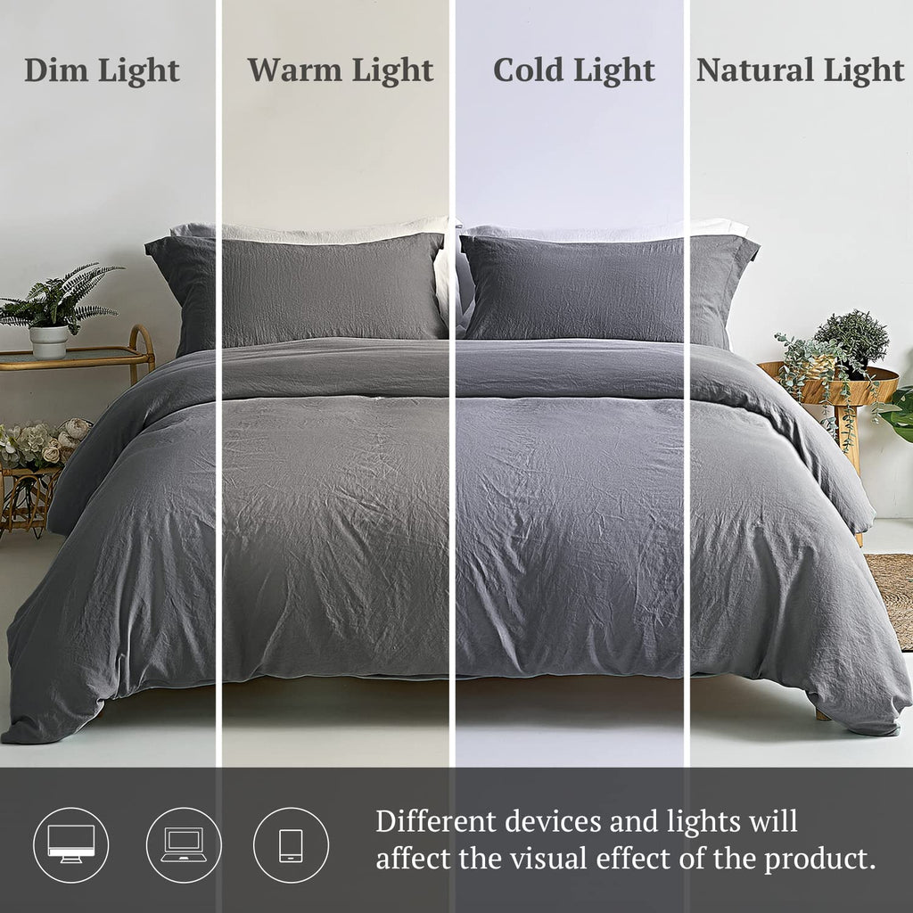 Mildly Super Soft Duvet Cover - 100% Washed Microfiber Dark Grey Comforter Cover Set 3 Pieces With Zipper Closure & Corner Ties