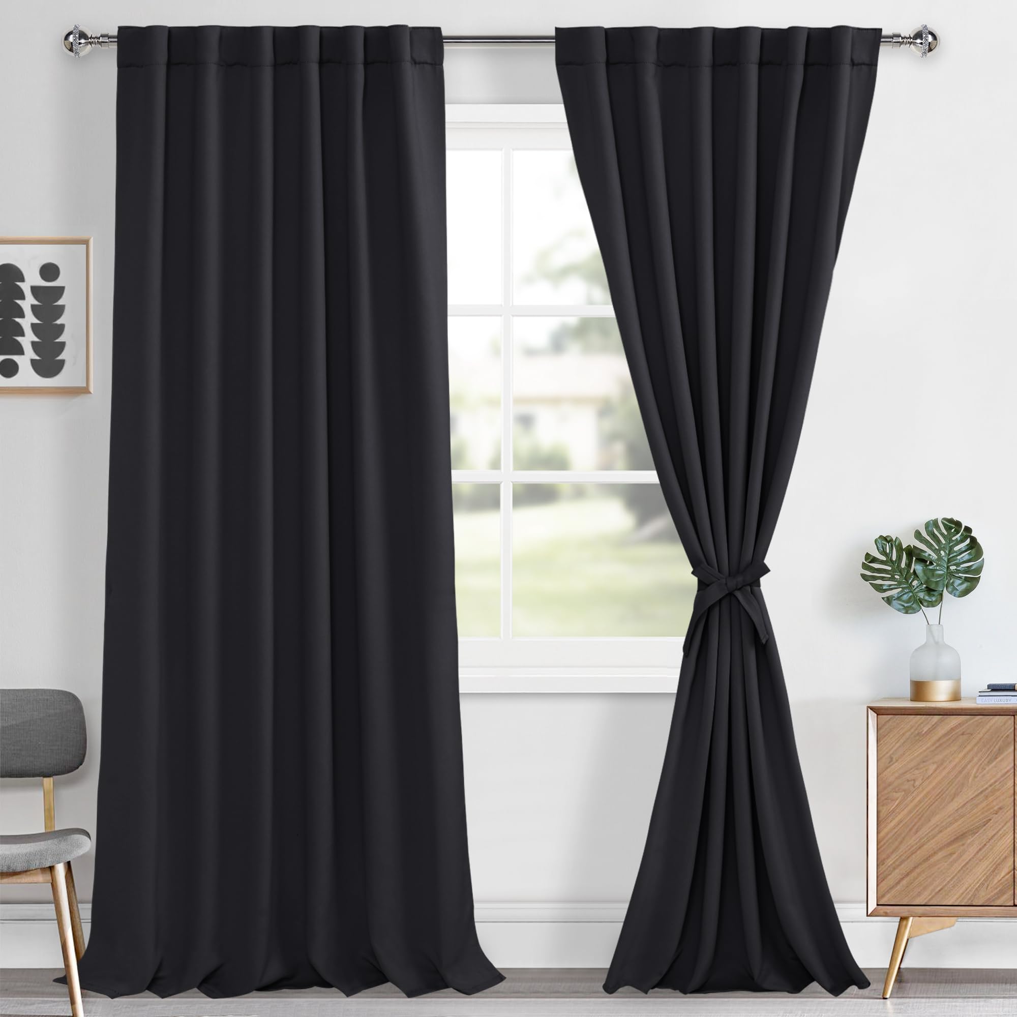 Hiasan Tall Black Curtains 2 Panels For Living Room, Back Tab & Rod Pocket Long Blackout Curtains, Thermal Insulated Room Darken