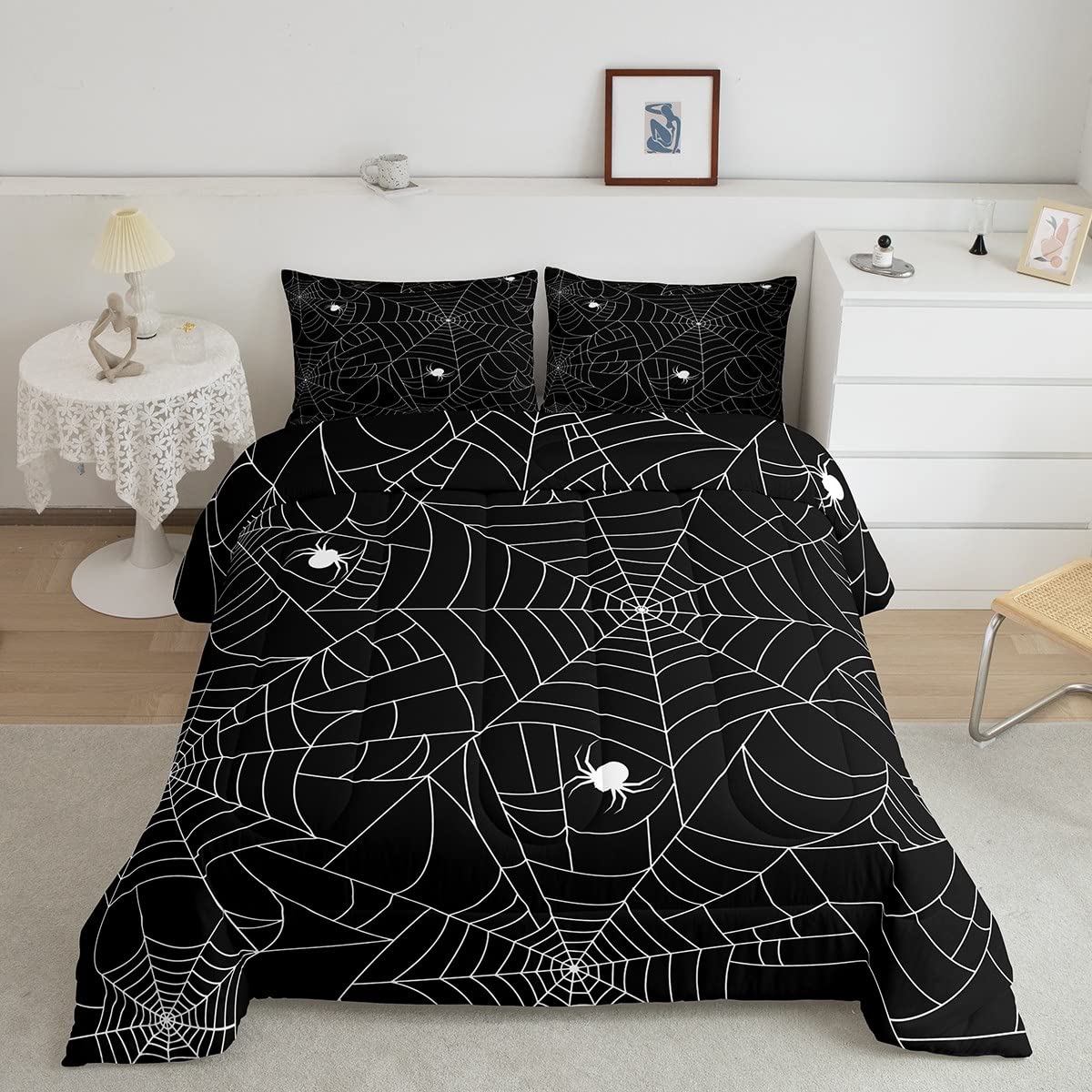 Boys Spider Web Printed Comforter Set for Kids Girls King Halloween Themed Comforter Decorative Scary Spider Bedding Sets Childr