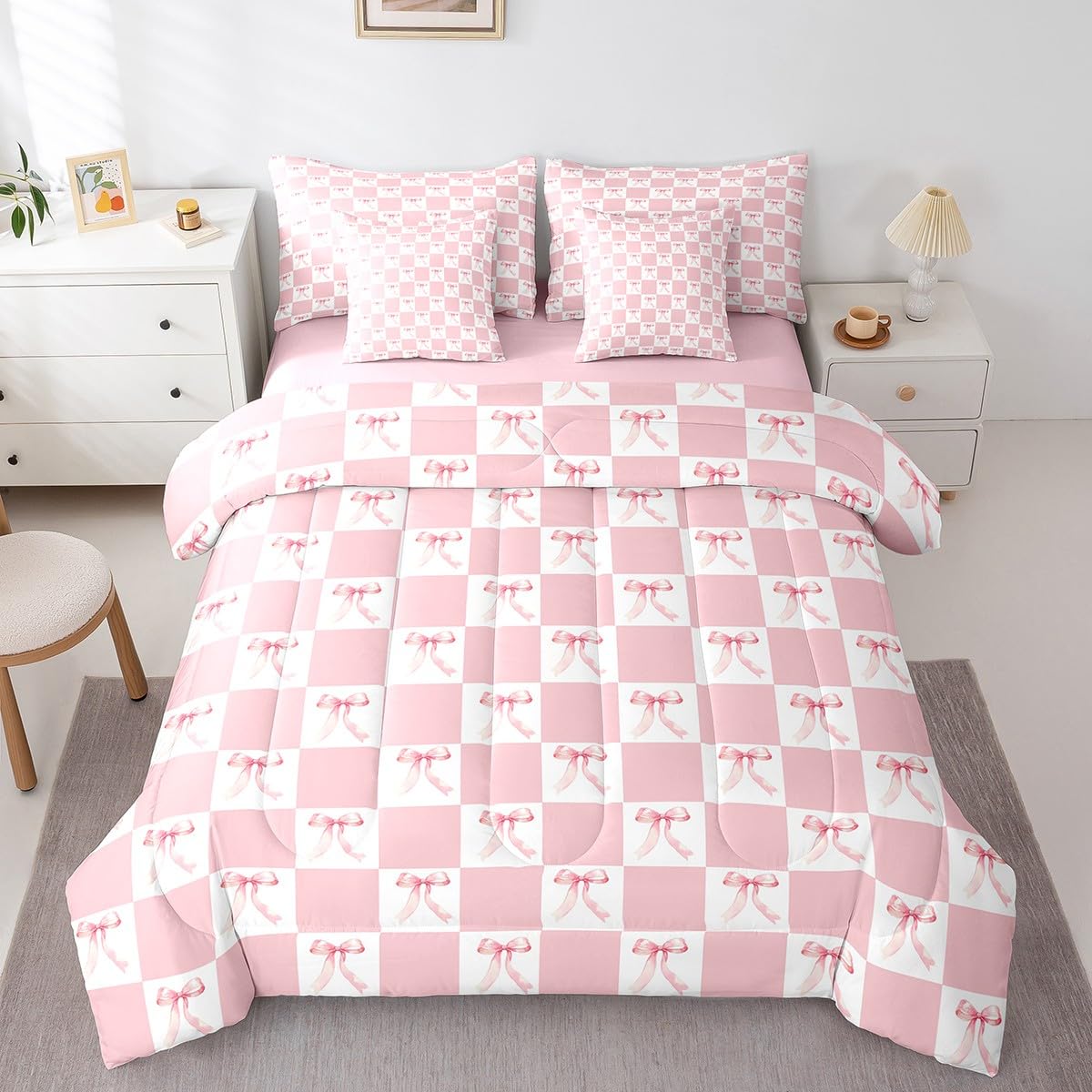 Pink Bowknot Bed Set In A Bag 7 Pcs,Dreamy Bow-Tie Geometric Plaids Patchwork Bedding Set,Princess Style Bow-Tie Girly Pink Whit
