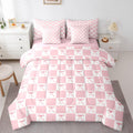Manfei Pink Bowknot Bed Set In A Bag 7 Pcs,Dreamy Bow-Tie Geometric Plaids Patchwork Bedding Set,Princess Style Bow-Tie Girly Pi