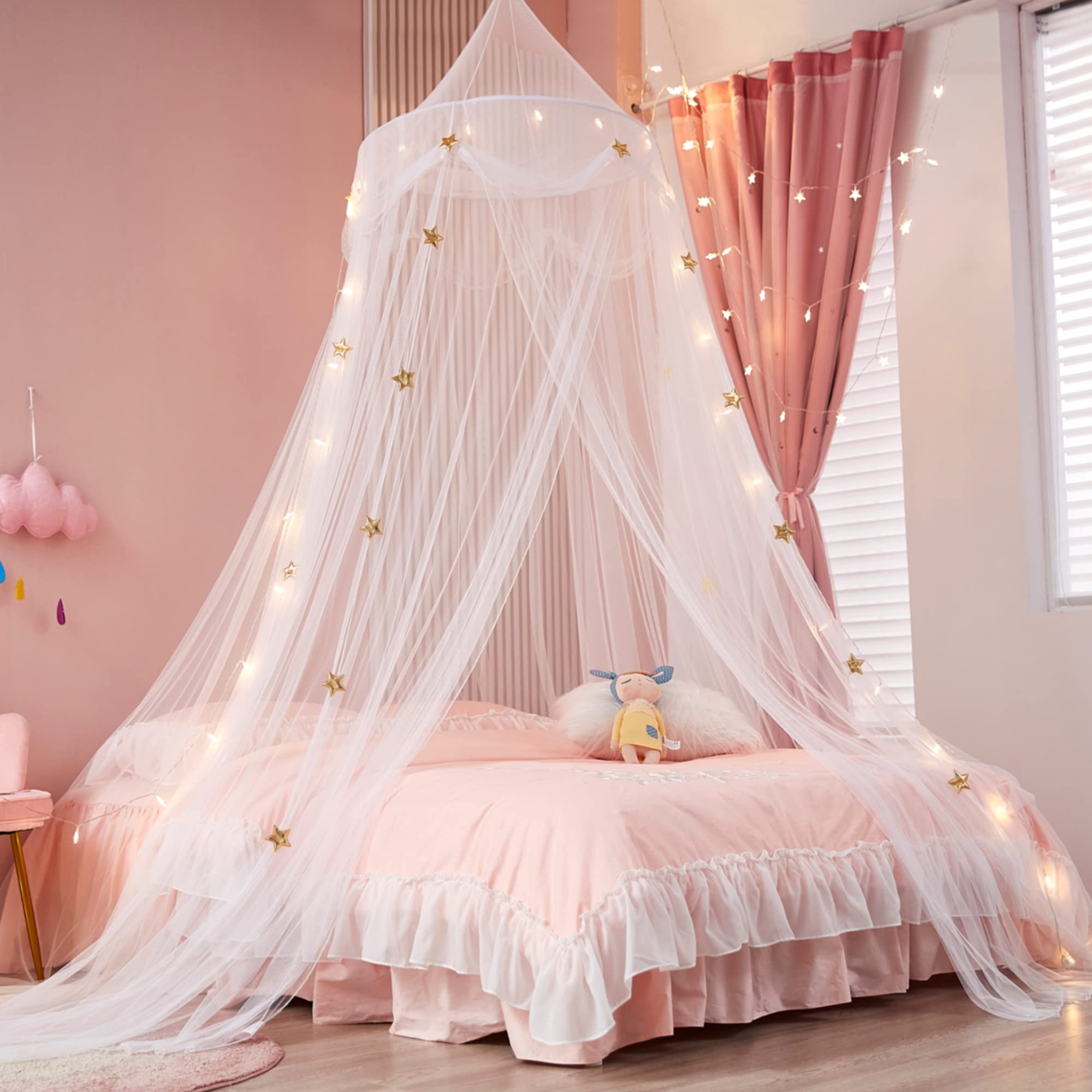 Nattey Bed Canopy With Lights For Girls,Gold Star Princess Crib Canopy Curtains,Extra Large Dome Mosquito Net Reading Nook Canop