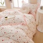 Kawaii Pink Strawberry Duvet Cover Queen Cotton Girls Lace Duvet Cover Cute Ruffle Strawberry Bedding Set Kawaii Strawberry Ruff