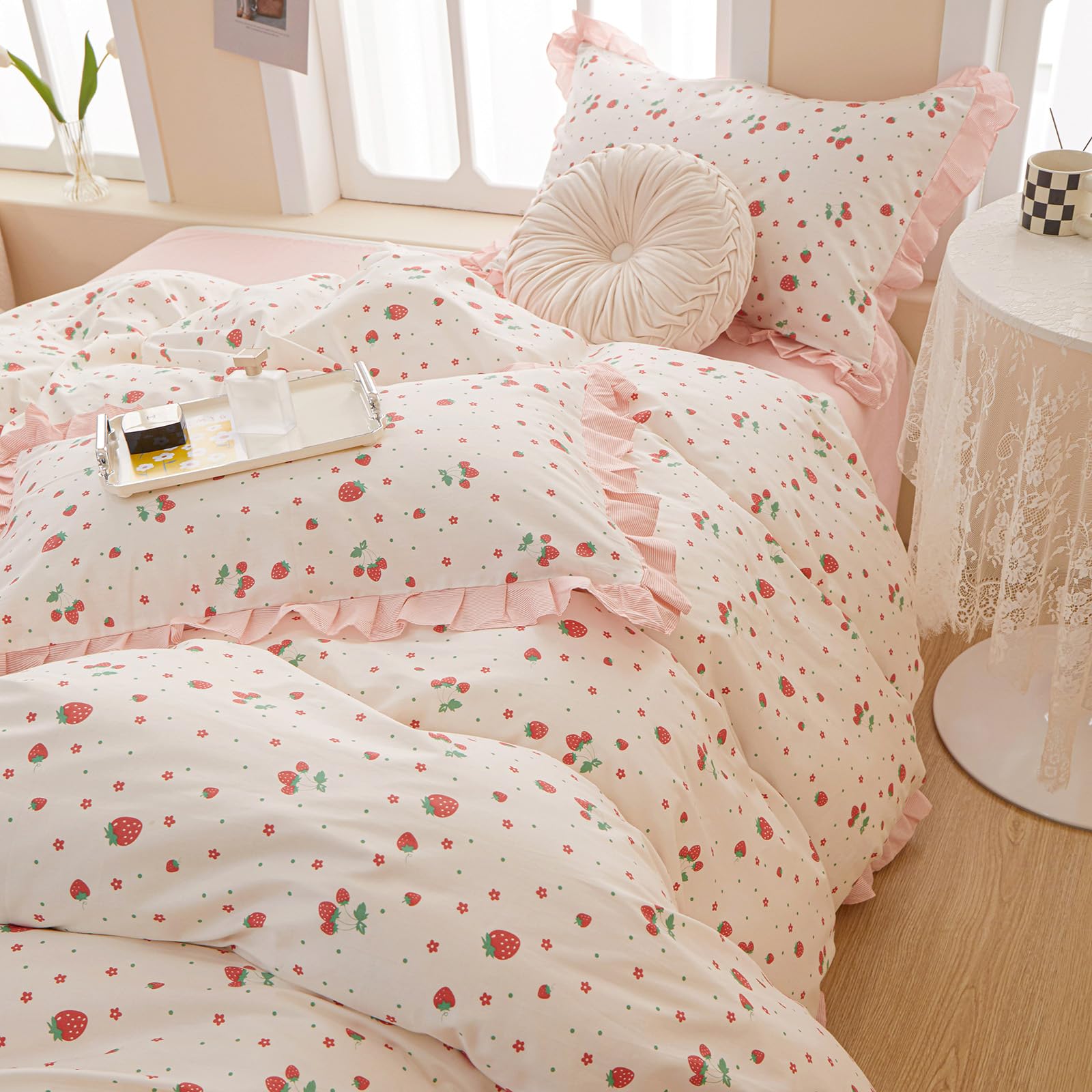 Kawaii Pink Strawberry Duvet Cover Twin Cotton Girls Lace Duvet Cover Cute Ruffle Strawberry Bedding Set Kawaii Strawberry Ruffl