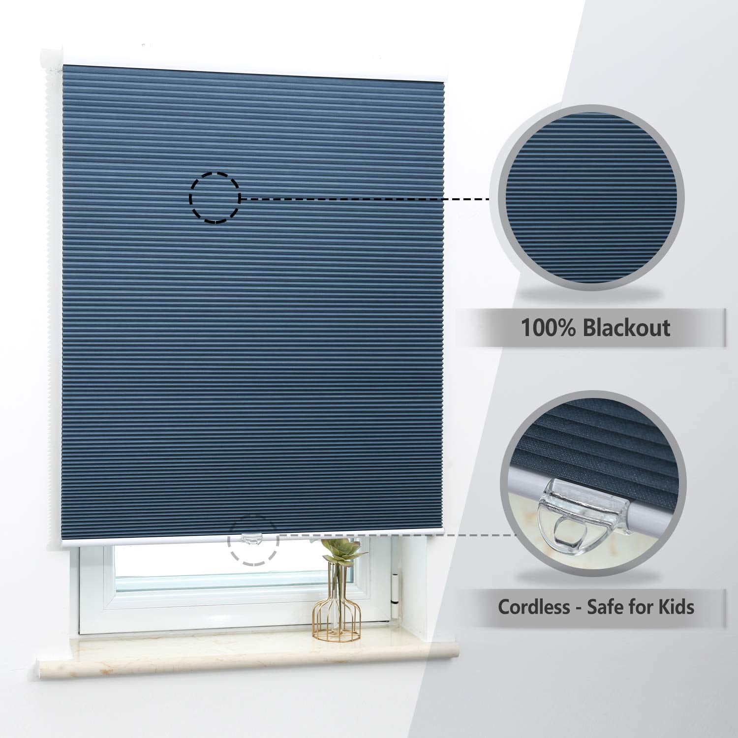 Blackout Shades, Room Darkening Honeycomb Blinds, Cordless Lift System, 24'' Wide X 64'' Wide, Ocean Blue(Blackout)