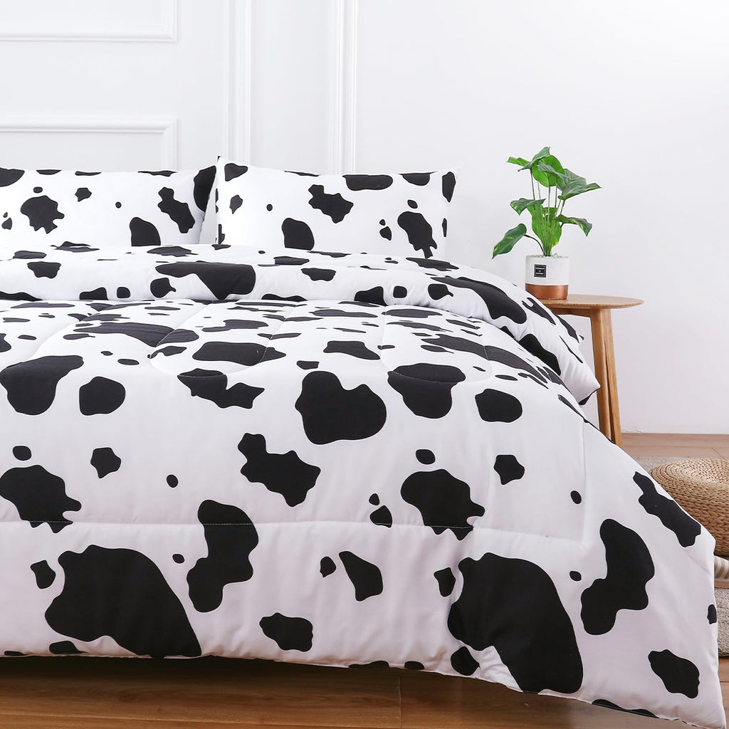 Perfemet Cow Print Bedding Comforter Set Cartoon Milk Cow Print Bedding Set Reversible Plaid Grid Bed Sets For Kids Teens Boys G