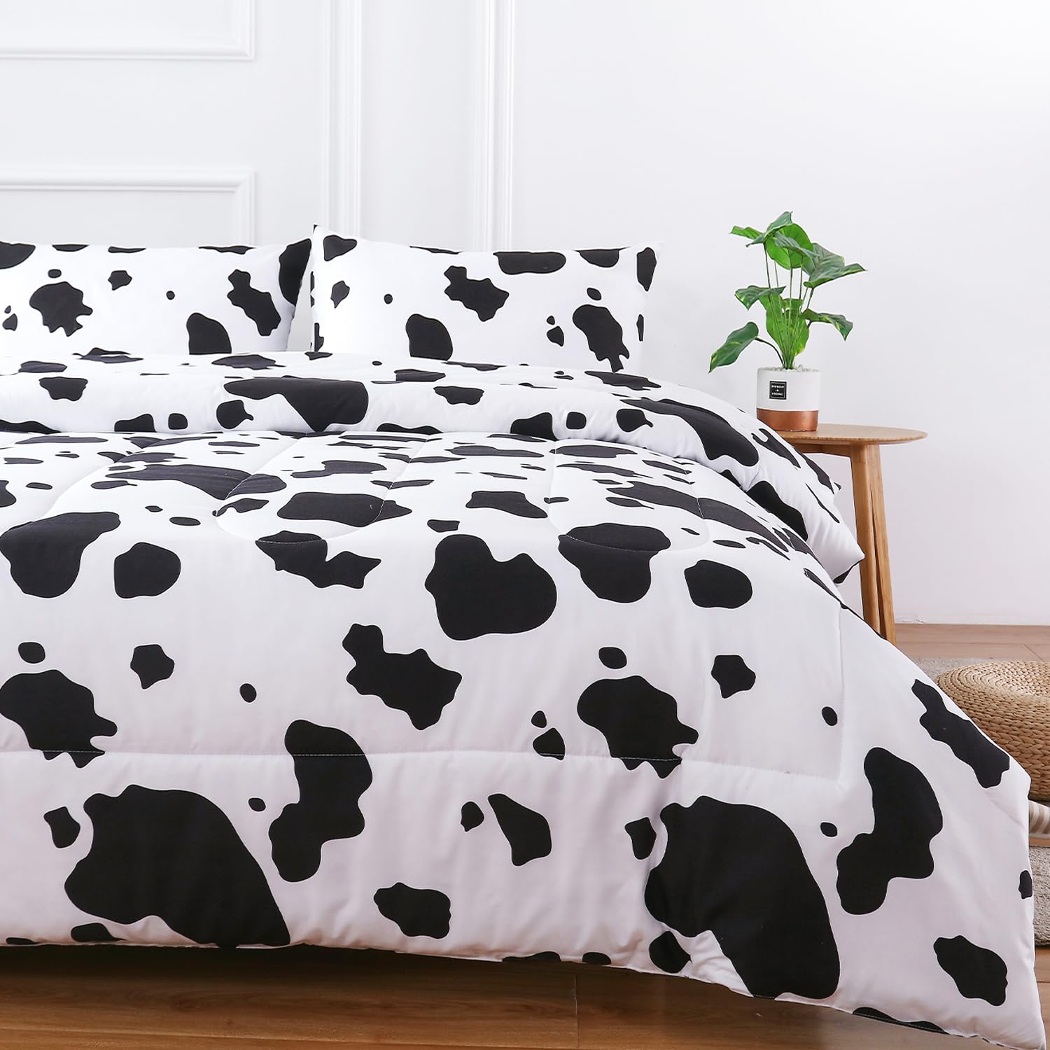 Perfemet Cow Print Bedding Comforter Set Cartoon Milk Cow Print Bedding Set Reversible Plaid Grid Bed Sets For Kids Teens Boys G