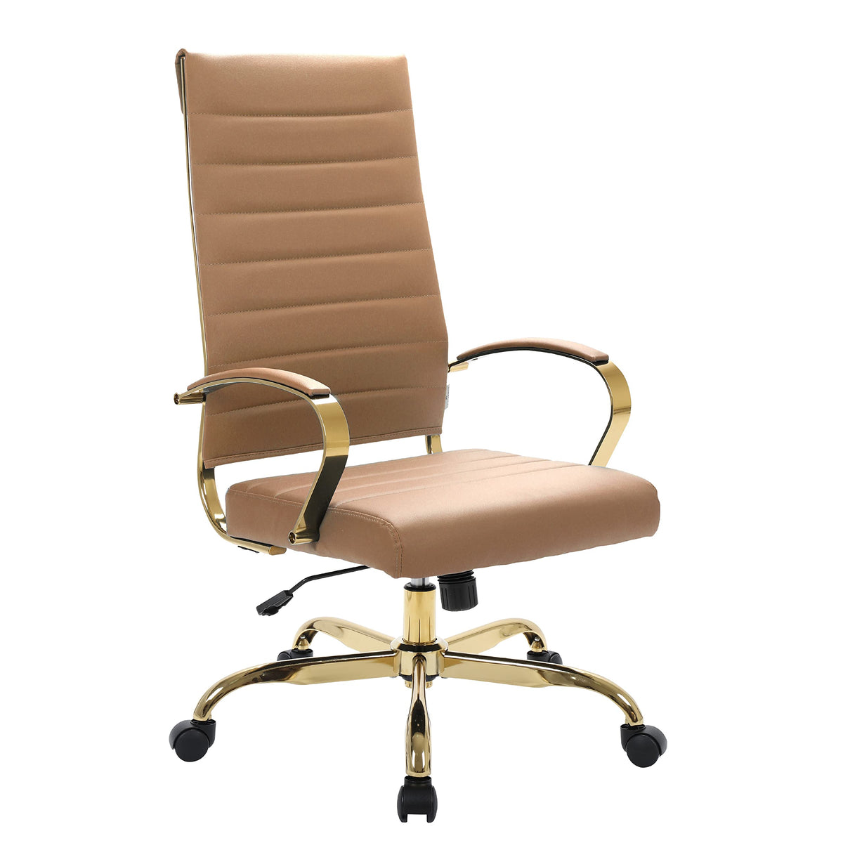 LeisureMod Benmar Modern High-Back Adjustable Swivel Leather Office Chair with Gold Frame, Light Brown