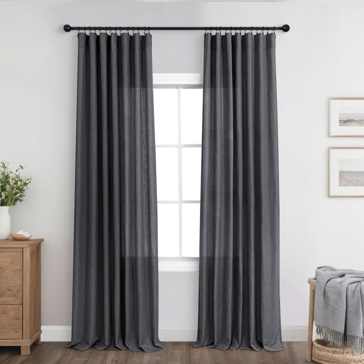 Koufall Dark Grey Curtains 84 Inches Long For Living Room Set 2 Panels,Charcoal Gray Farmhouse Boho Linen Semi Sheer Curtain Dra