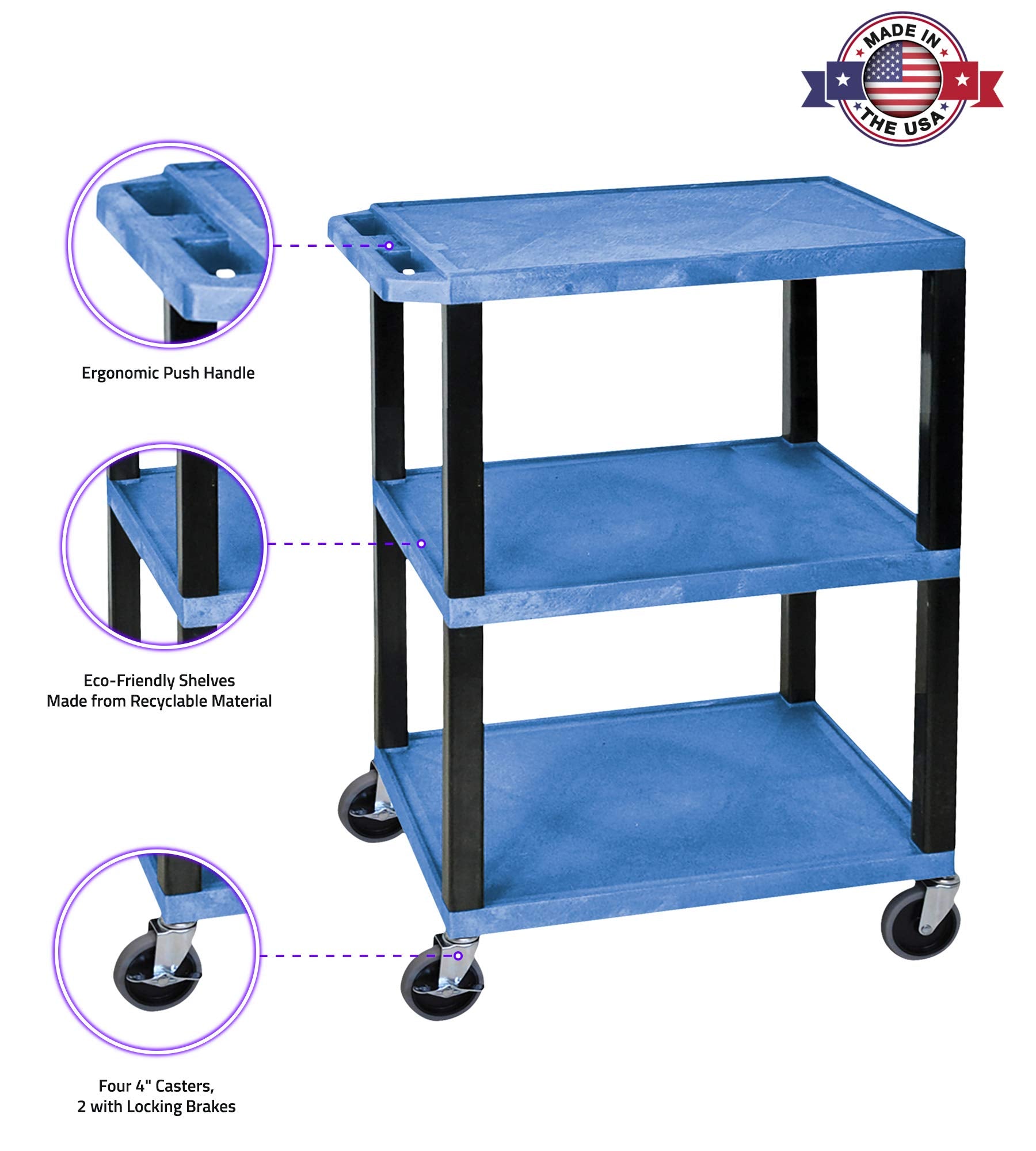 LUXOR WT34BUS Tuffy Utility Cart - Three Shelves, 4&quot; Silent-Roll, Full-Swivel Heavy-Duty Casters, Two with Locking Brake, Multipurpose Storage for Video Projector, TV, Laptop, Printer Stand