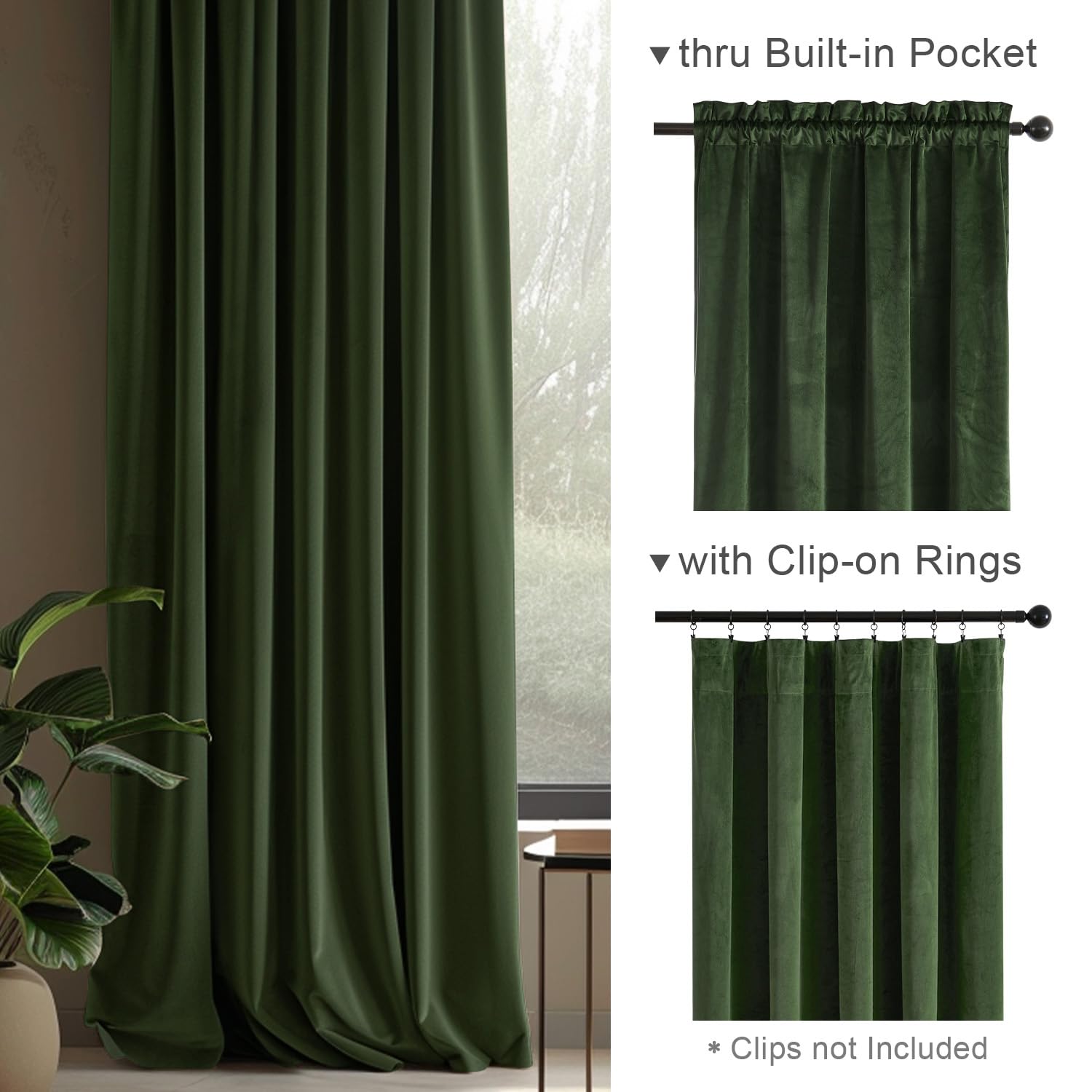 Lazzzy Green Velvet Curtain Thermal Insulated Curtains 108 Inch Long Drapes For Bedroom Living Room Darkening Window Treatments Rod Pocket, Set Of 2, Moss Green