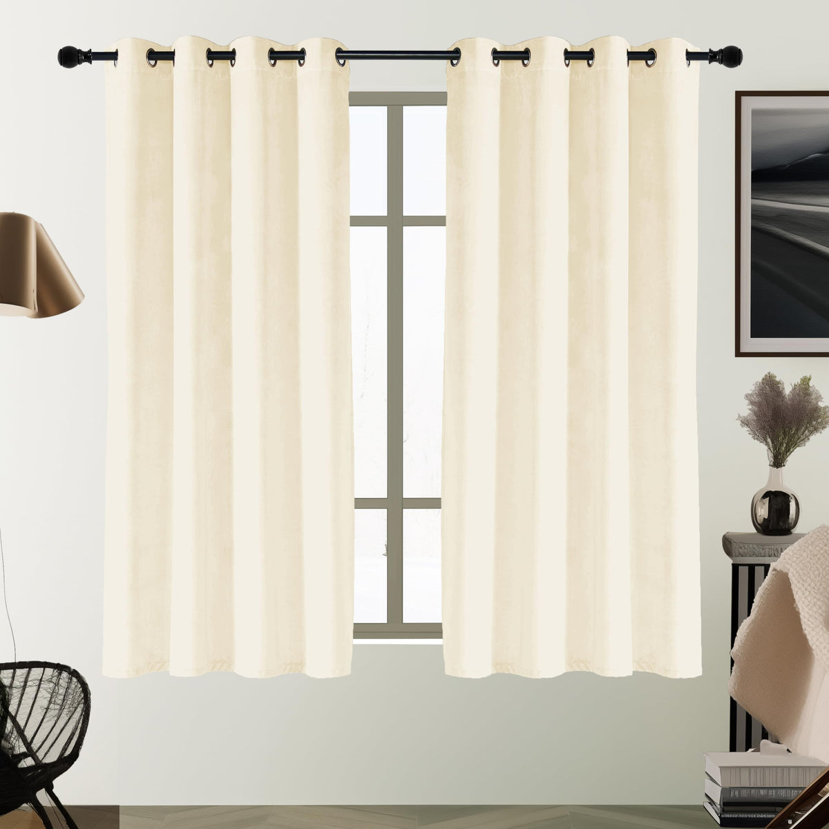 Smiletime Ivory White 63 In Long Velvet Curtains With Grommet, Thermal Insulated Super Soft Privacy Noise Reducing Light Blockin