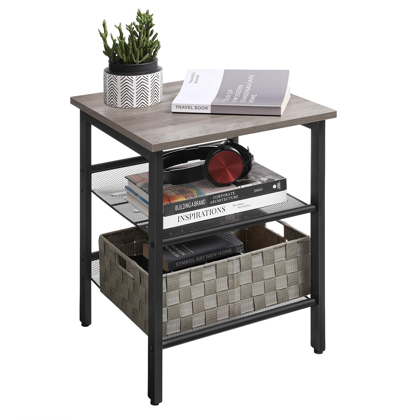 Vasagle Indestic End Table, Nightstand With 2 Adjustable Mesh Shelves, Industrial Side Table For Living Room, Stable Metal Frame, Easy Assembly, Greige And Black Ulet023B02