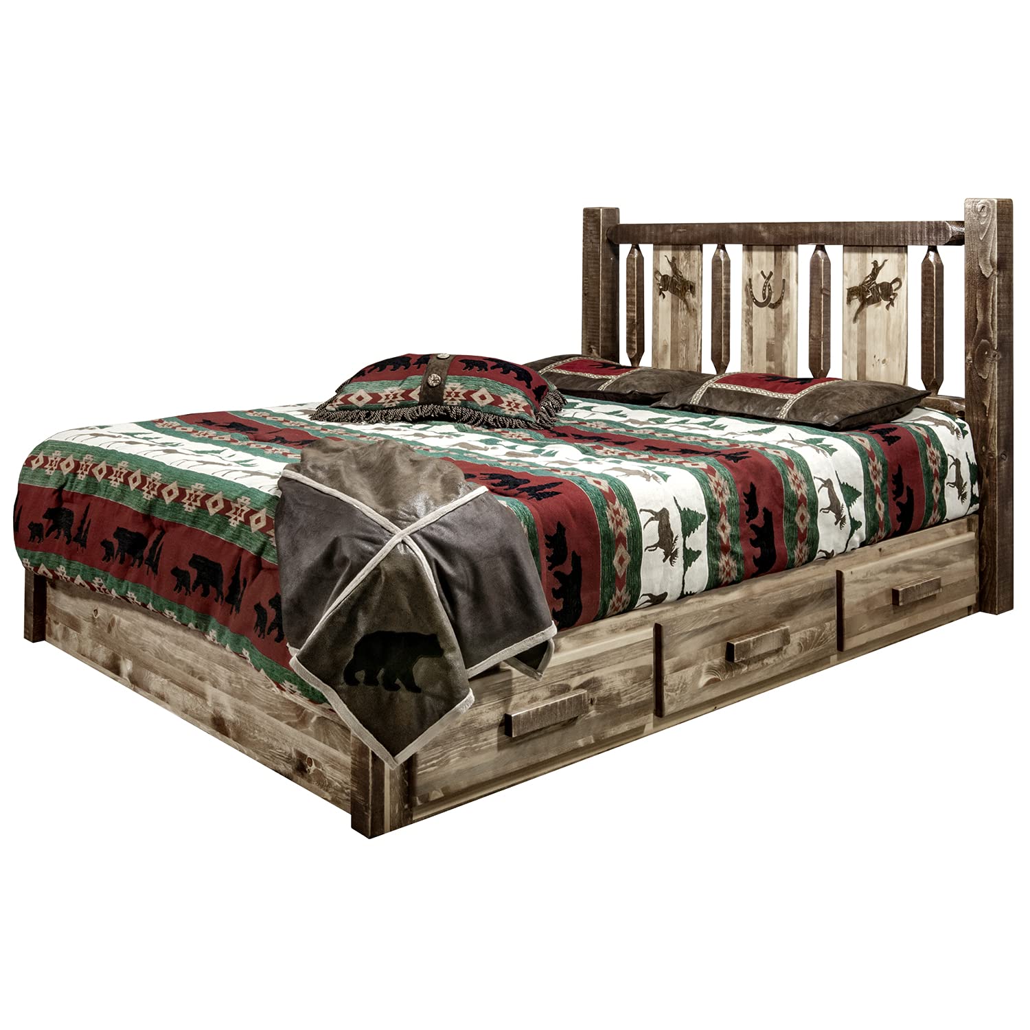 Montana Woodworks Homestead Collection Platform Bed w/Storage, Queen w/Laser Engraved Bronc Design, Stain & Clear Lacquer Finish