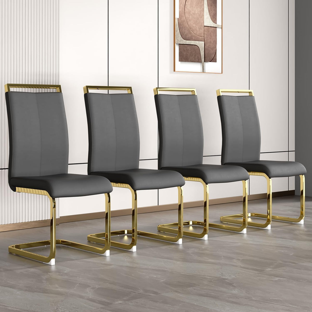 Gopop Modern Dining Chairs Set Of 4,High Back Grey Kitchen Chairs,Faux Leather Side Chair With Gold Plated Metal Legs,Easy To Cl