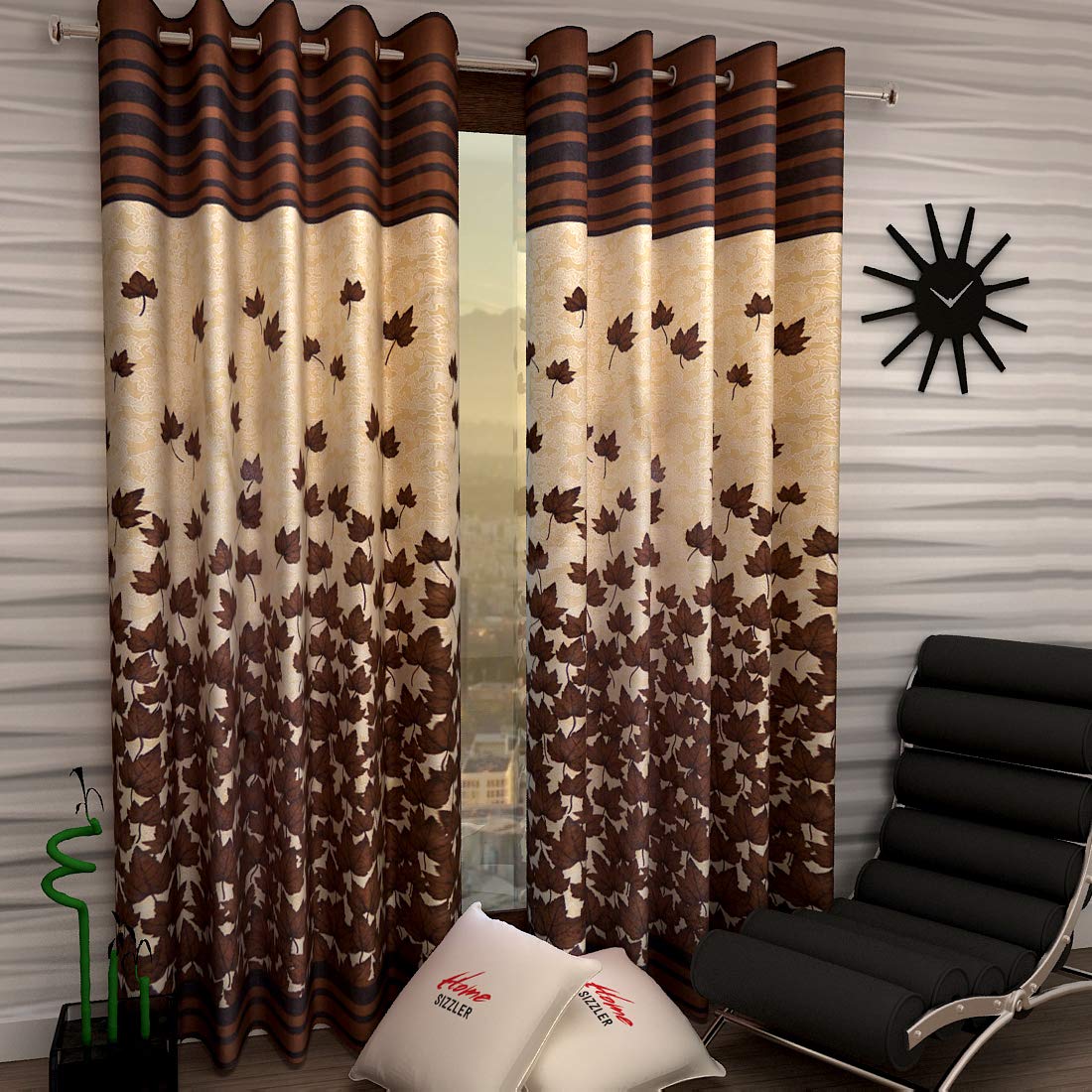 Home Sizzler Flower Opaque 2 Pieces Mapple Eyelet Polyester Door Curtains 7 Feet, Brown