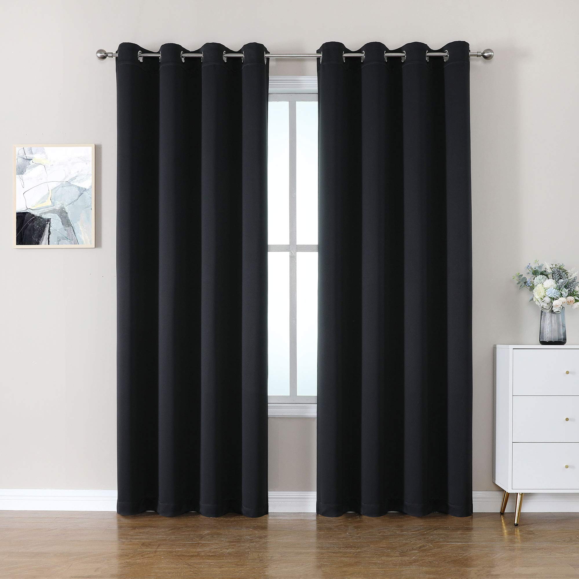 CUCRAF Black Blackout Curtains 90 inch Length 2 Panels Set, Room Darkening Curtains & Drapes for Living Room Bedroom, Thermal In