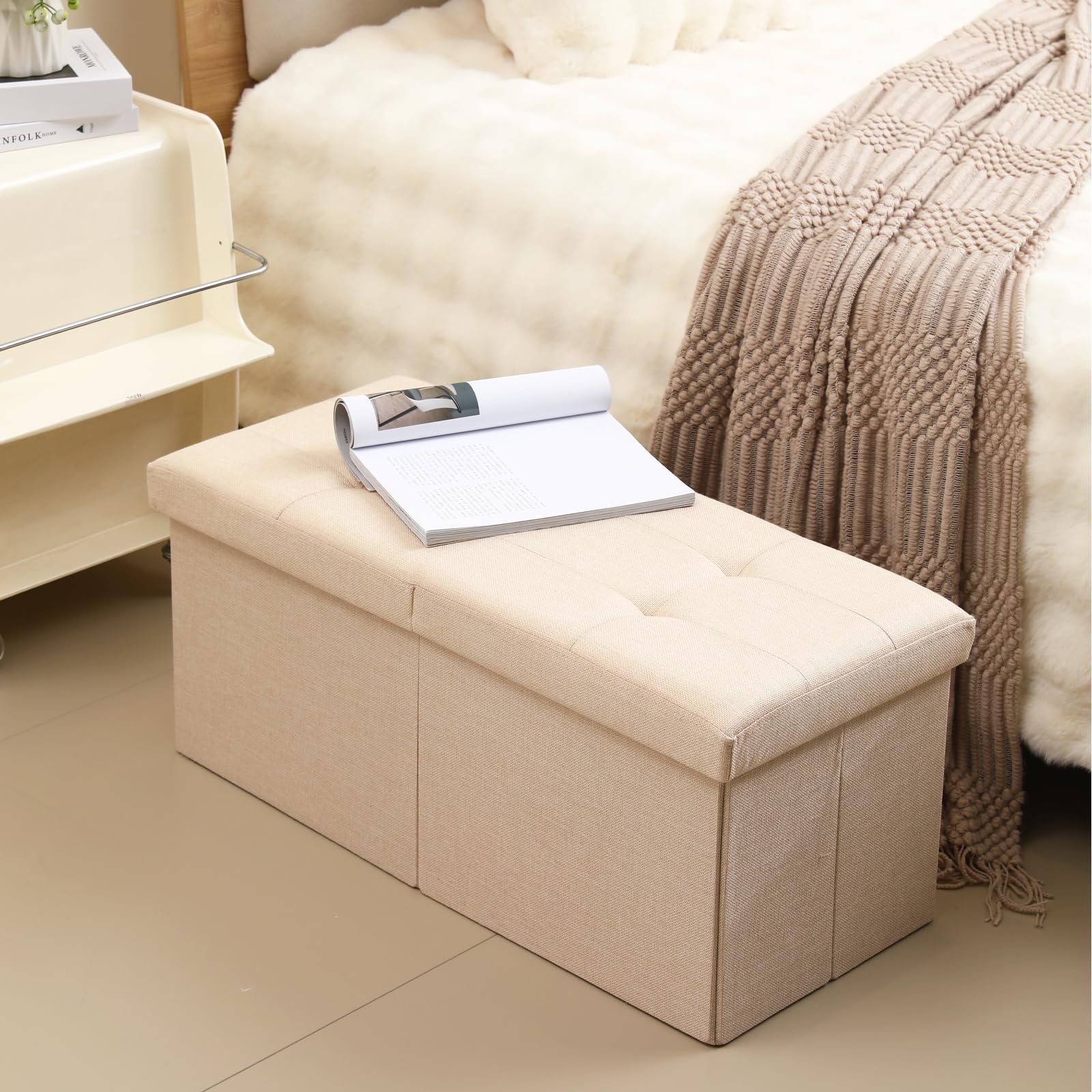 Cuyoca Storage Ottoman Bench Foldable Seat Footrest Shoe Bench End Of Bed Storage With Flipping Lid, 75L Storage Space, 30 Inches Linen Fabric Sandy Beige