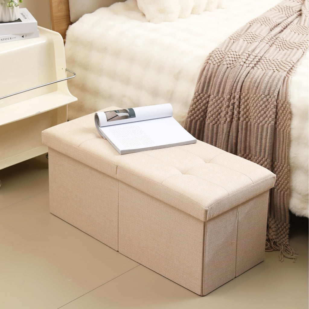 Cuyoca Storage Ottoman Bench Foldable Seat Footrest Shoe Bench End Of Bed Storage With Flipping Lid, 75L Storage Space, 30 Inches Linen Fabric Sandy Beige