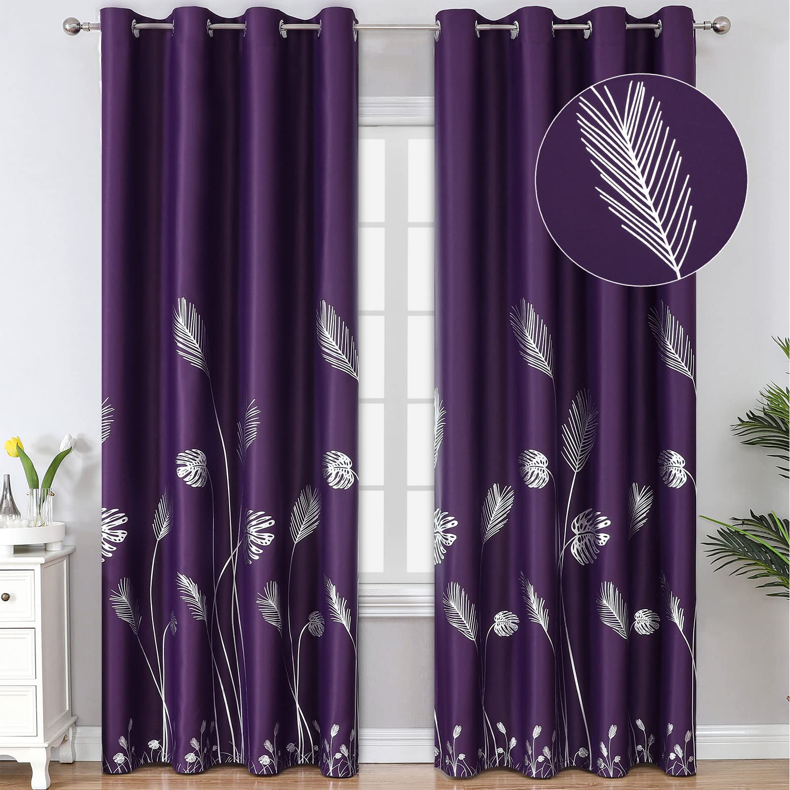 Estelar Textiler Purple Blackout Curtains For Bedroom, Room Darkening Silver Palm Tree Pattern Curtains 108 Inches Long,Light Bl