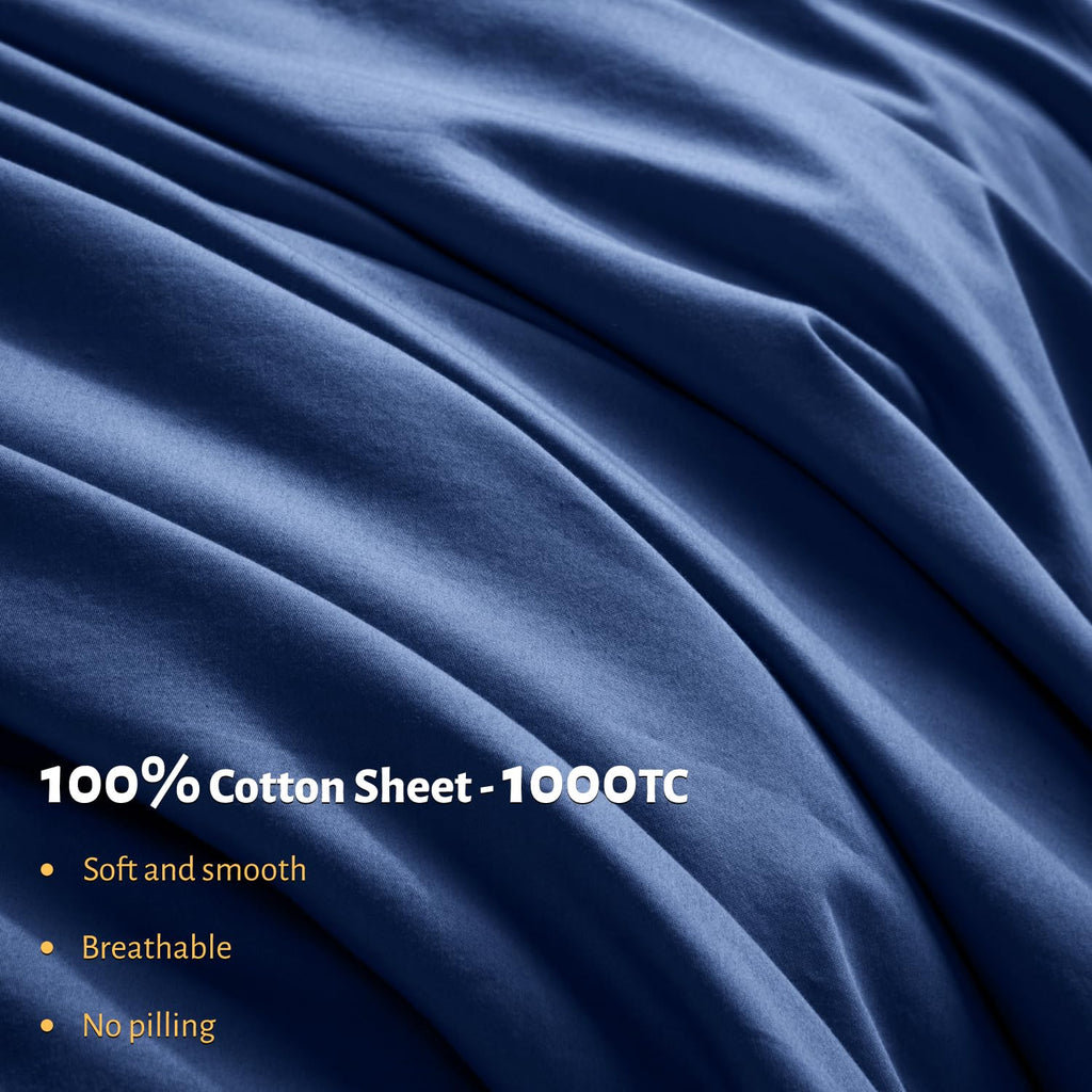 Shilucheng 100% Egyptian Cotton Queen Size Sheets Set - 1000 Thread Count,Luxury Cotton Bed Sheets,Breathable & Cooling Bedding And Pillow Cases, 16 Inch Deep Pocket - 4 Piece (Navy Blue, Queen)