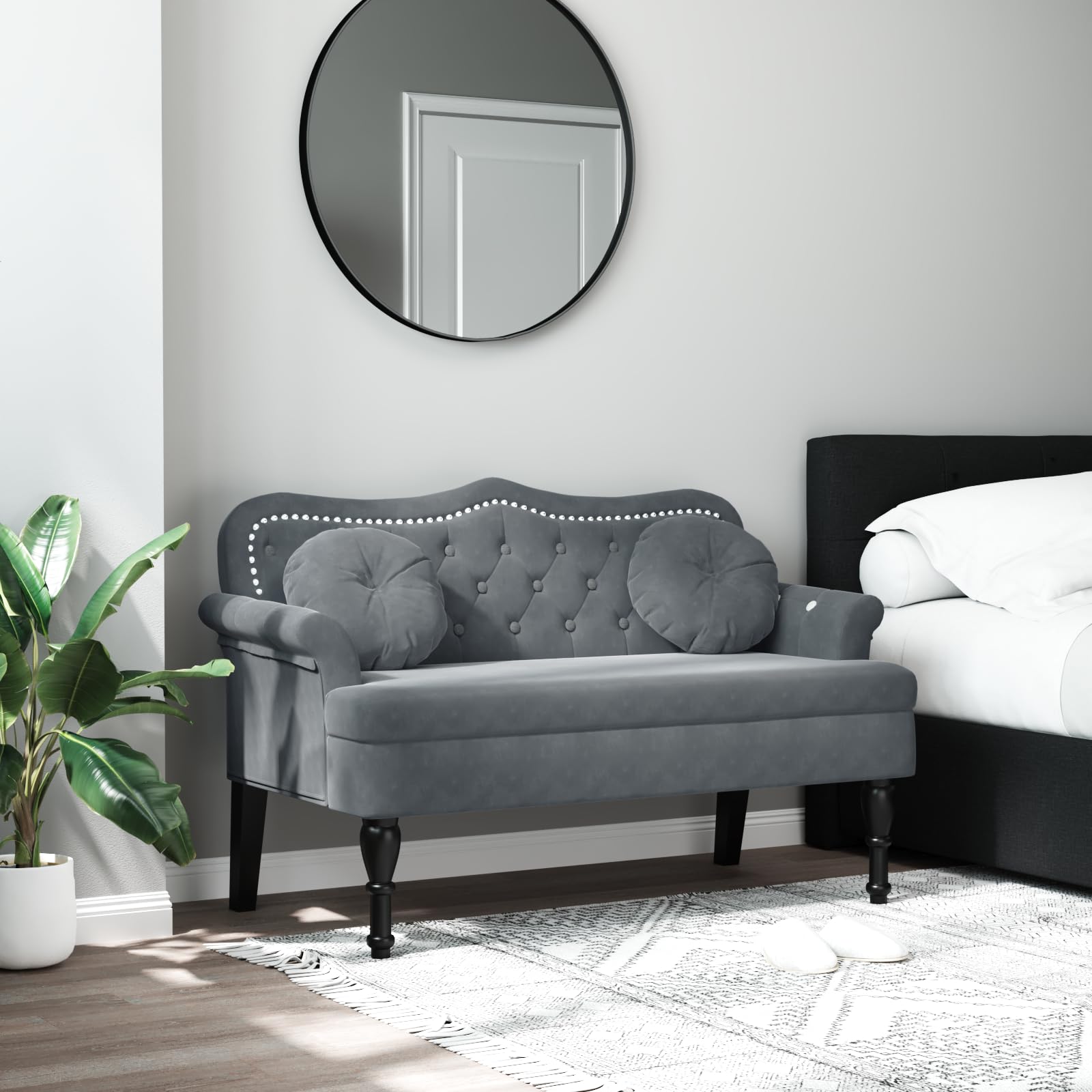 vidaXL 47&quot; W Small Loveseat with Round Pillows, Velvet Chesterfield Sofa with Button Tufting & Rolled Armrests for Small Spaces, 2 Seater Couch for Living Room & Bedroom, Dark Gray