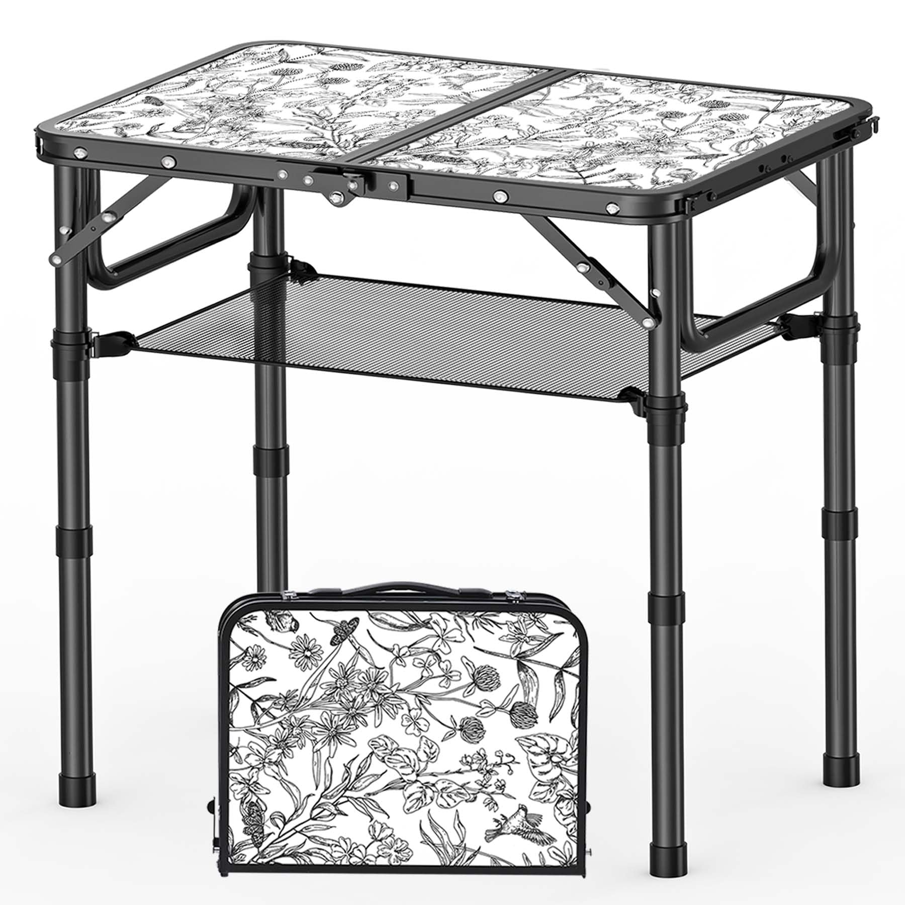 Toile de Jouy-Inspired Camping Table, Vintage French Floral Pattern Folding Table, Adjustable Height, Lightweight & Portable Out