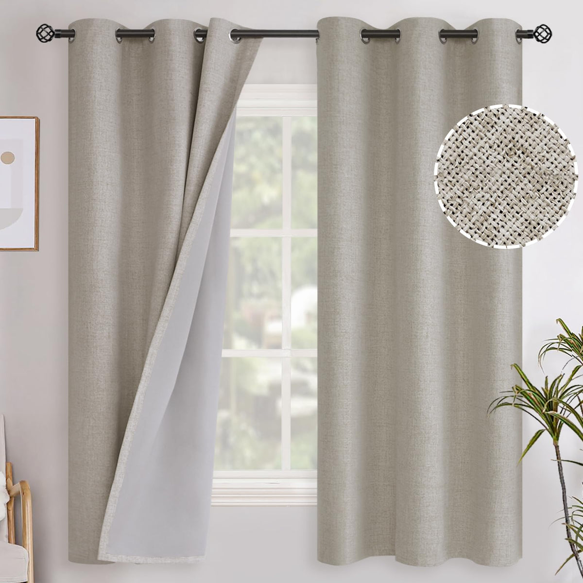 Youngstex Linen 100% Blackout Curtains 63 Inch Length, Grommet Thermal Insulated Short Textured Window Drapes Full Room Darkenin