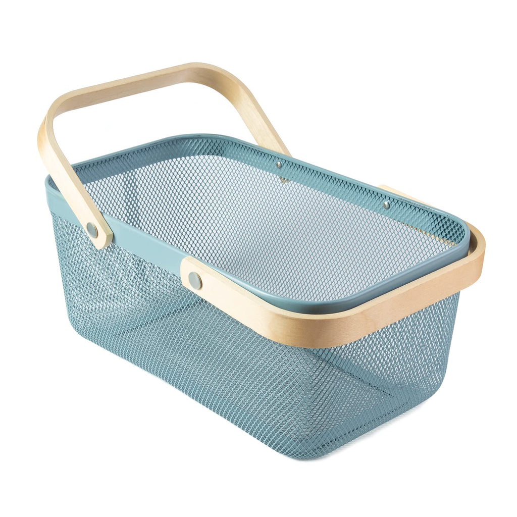 Macoior Portable Garden Harvest Basket-Mesh Design Natural Bamboo Handle Wire Storage Baskets,Mesh Basket With Handle Organize Items Reduce Space Occupation,Suitable For Kitchen,Garden,Picnic(Blue)