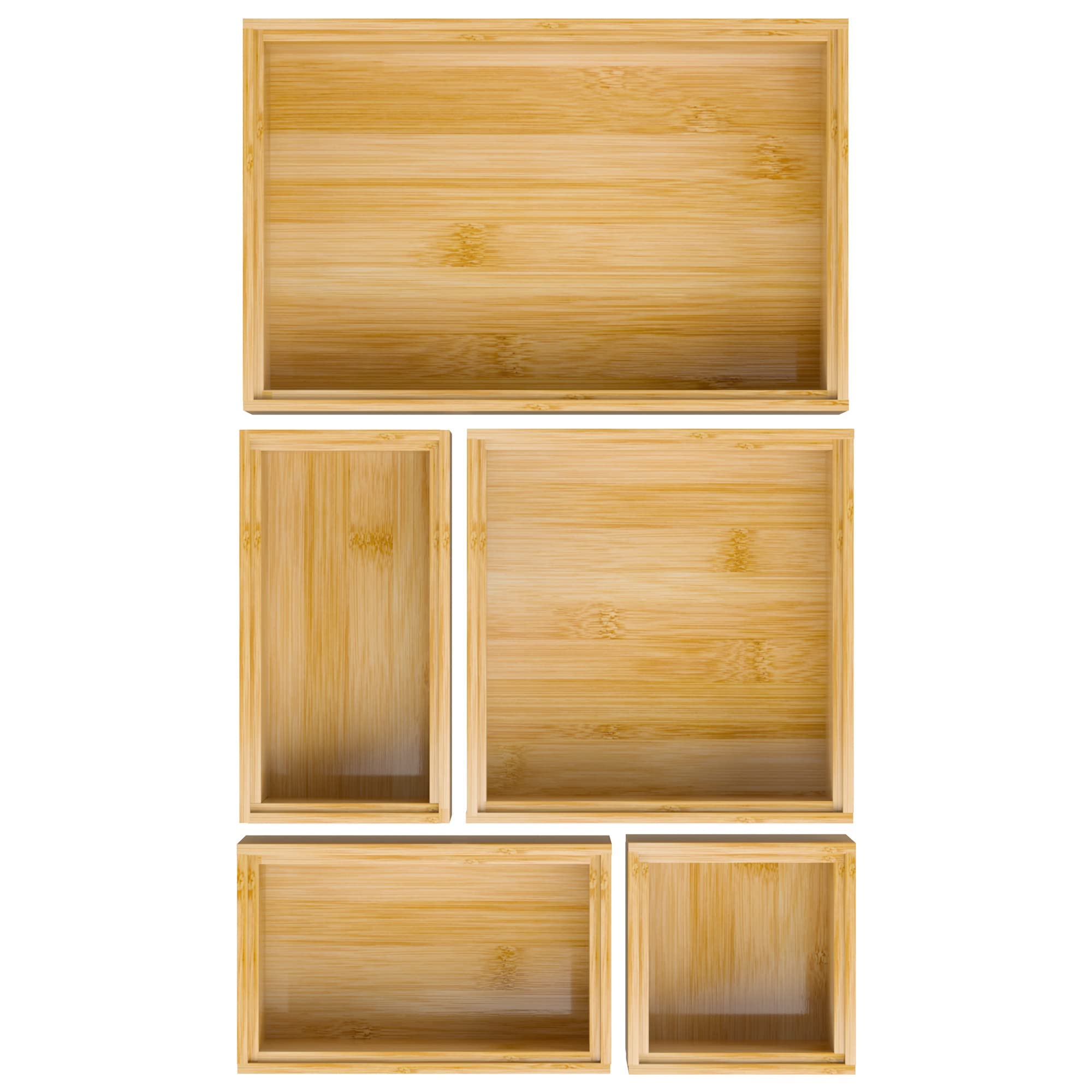 Bamboo Bathroom Drawer Organizer Dividers, Wooden Kitchen Utensil Holder Set of 5, Stackable Junk Drawer Organizer Tray, Multi-U