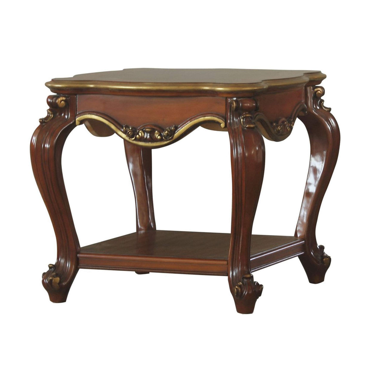 Benjara Wooden End Table With Open Bottom Shelf And Carved Details, Brown