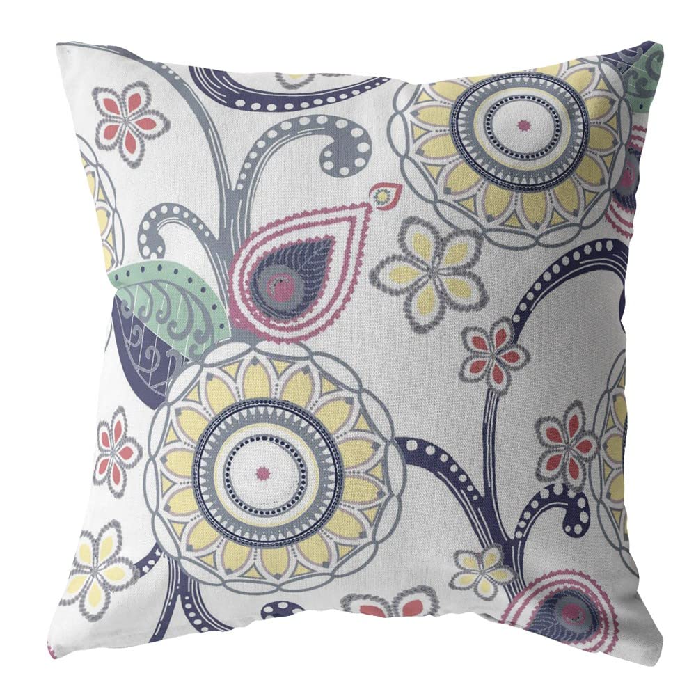 HomeRoots Yellow, Green, Dark Blue On White 20â€ White Yellow Floral Suede Throw Pillow