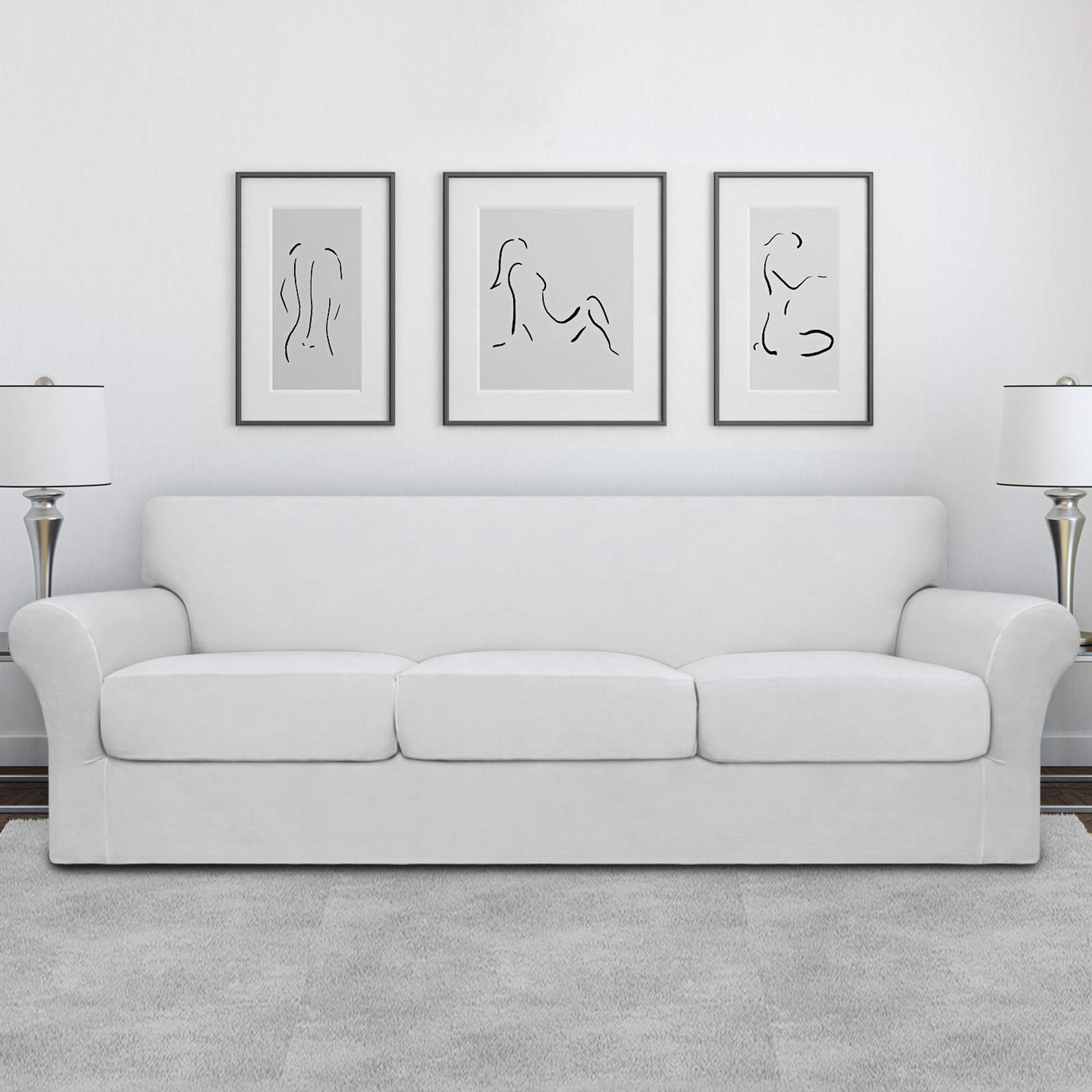 Easy-Going 4 Pieces Oversized Stretch Soft Couch Cover For Dogs - Washable Sofa Slipcover For 3 Separate Cushion Couch - Elastic Furniture Protector For Pets, Kids Snow White