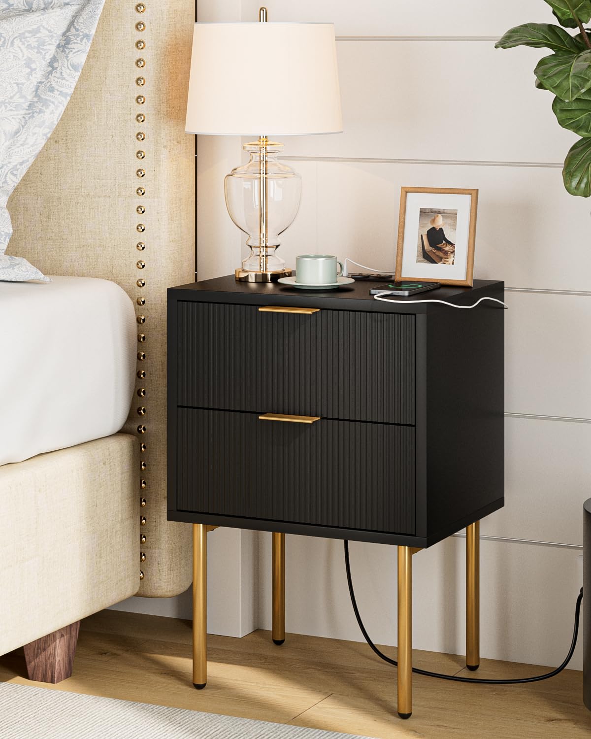 Masupu Nightstand With Charging Station,Mid-Century Modern Bedside Table With 2 Storage Drawer,Small Gold Frame Side End Table F