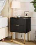 Masupu Nightstand With Charging Station,Mid-Century Modern Bedside Table With 2 Storage Drawer,Small Gold Frame Side End Table F