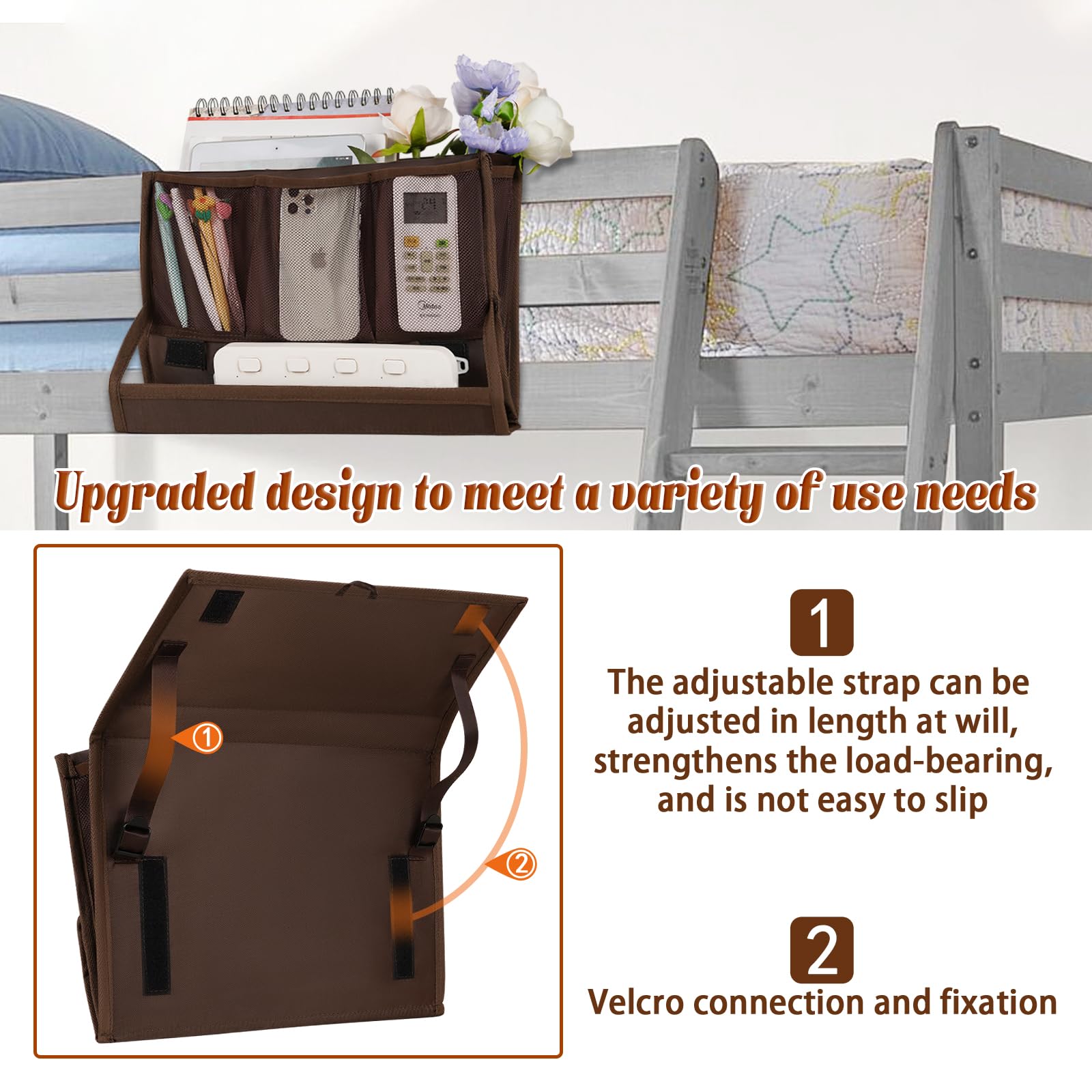 Retyion Bedside Storage Organizer With Power Strip Holder And Adjustable Straps Bed Hanging Bag For Home Bunk Bed Dorm Sofa (Bro