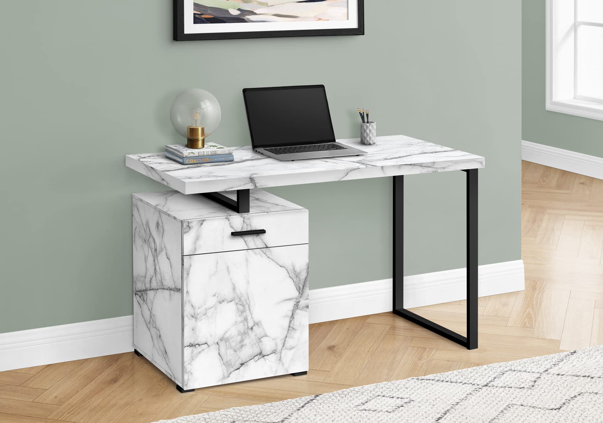Monarch Specialties 7762 Computer Desk, Home Office, Laptop, Left, Right Set-up, Storage Drawers, 48&quot; L, Work, Laminate, Desk-48 Facing, 47.25&quot; L x 23.75&quot; W x 30&quot; H, White Marble-Look/Black Metal
