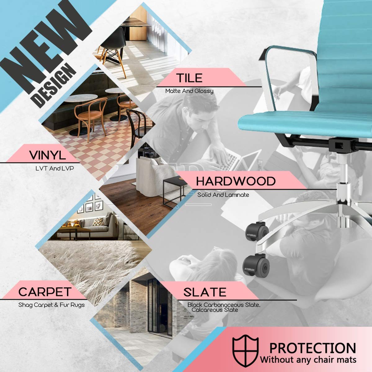 Office Chair Caster Wheels By Atomdoc, 2'' Newly Revolutionary Quadruple Ball Bearing Design,Heavy Duty & Safe Protection For Al