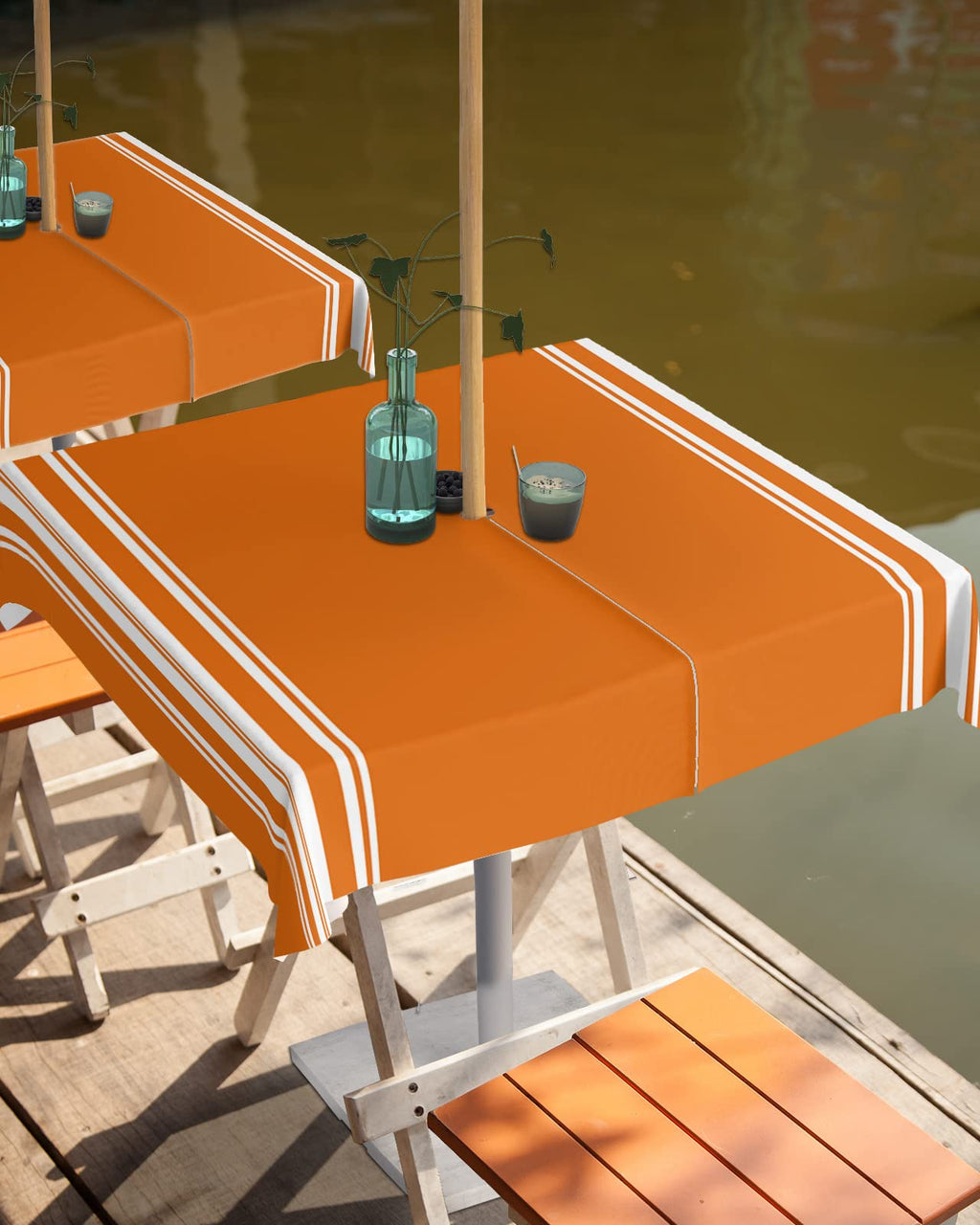 Fall Outdoor Tablecloth With Umbrella Hole, Farmhouse Orange White Stripe Square Tables Zippered Table Cloth Waterproof Tabletop