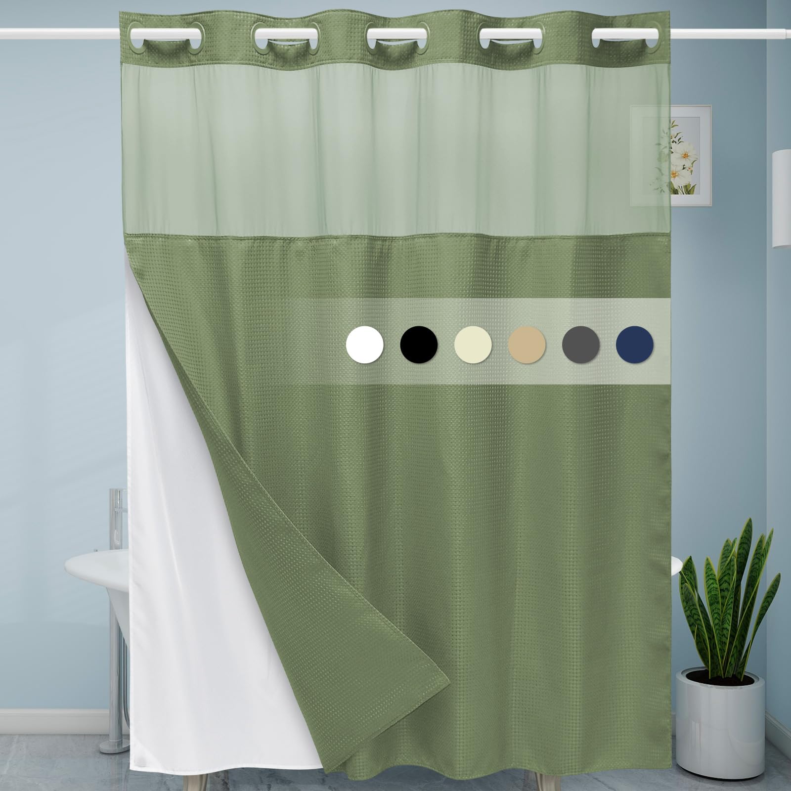 EUTXL Sage Green Hotel Shower Curtain - 230GSM Waffle Textured Heavy Duty Thick Fabric Shower Curtains for Bathroom,71W x 74H