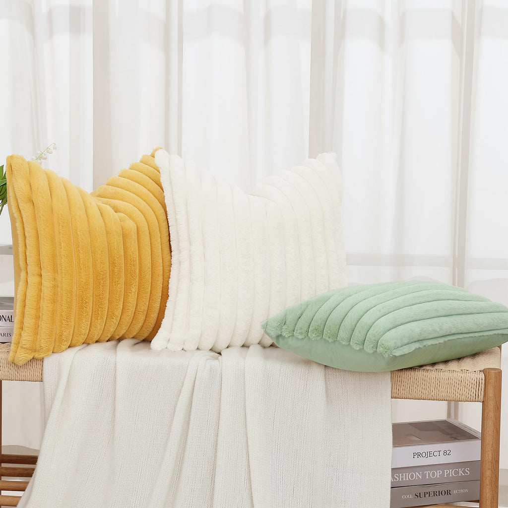 Decoruhome Faux Fur Spring Throw Pillow Covers 12X20 Set Of 2, Decorative Soft Plush Striped Lumbar Couch Pillow Covers With Velvet Back For Sofa, Bed, Living Room, Sage Green